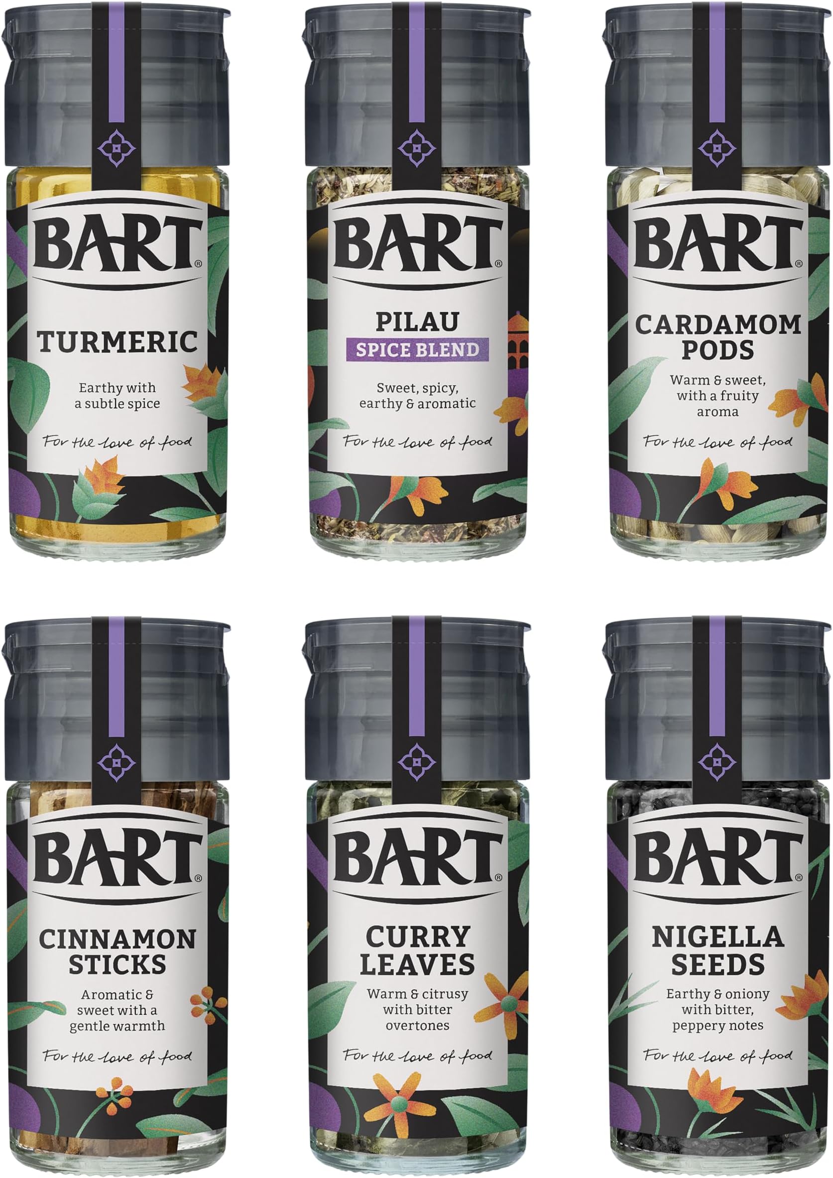 BART Indian Spice Collection - Turmeric, Cinnamon Sticks, Cardamom pods, Curry Leaves, Nigella Seeds & Pilau Spice Blend - Ideal for Indian Cooking (6 Jar Bulk Buy Set)