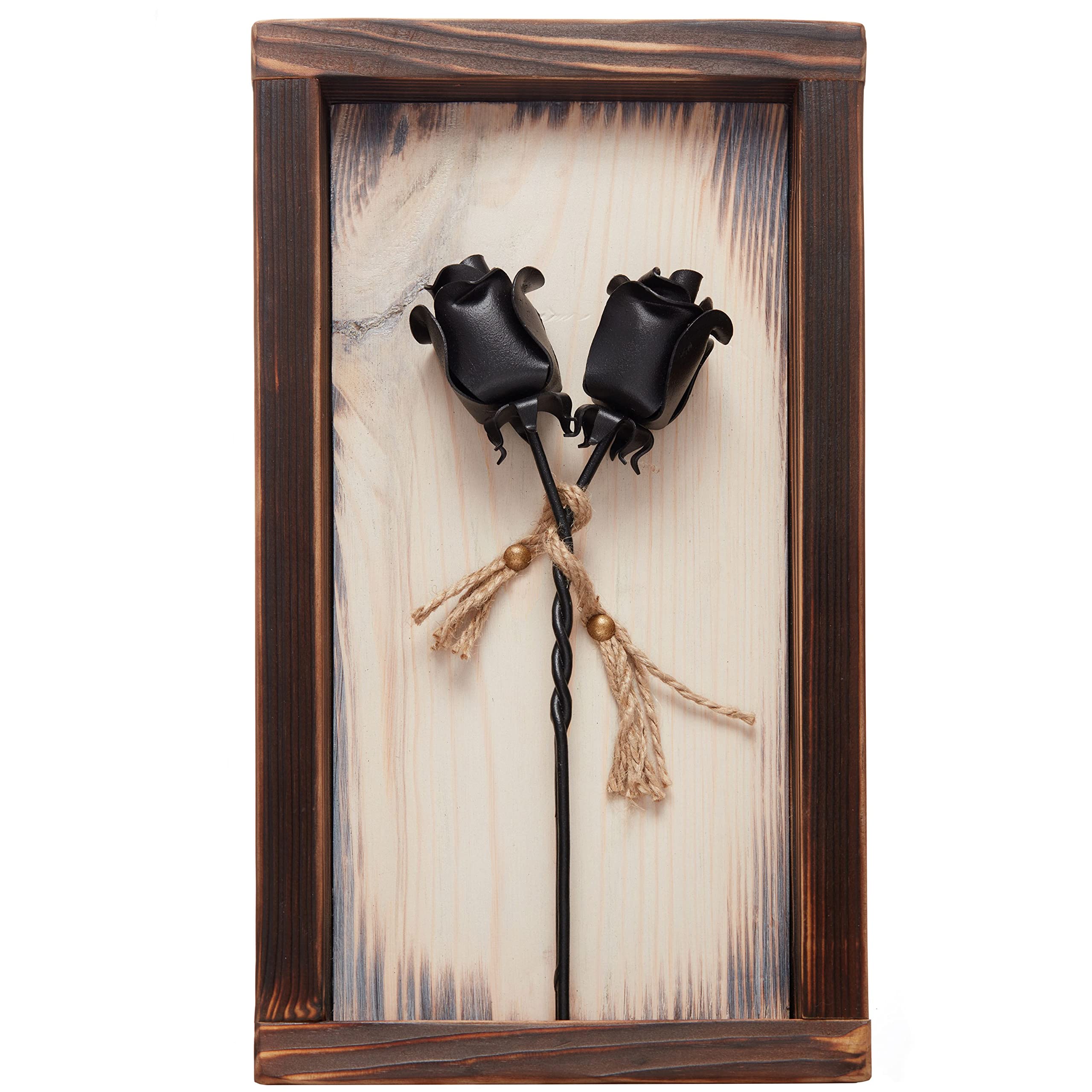 NOVECRAFTO Black Forged Iron Roses In Mountable Wooden Frame H14.74” x W8.66” (40x20cm) - Wall Decor Wrought Iron Rose For Her, Gifts For 6th Anniversary, Thoughtful Gift with Love For Him