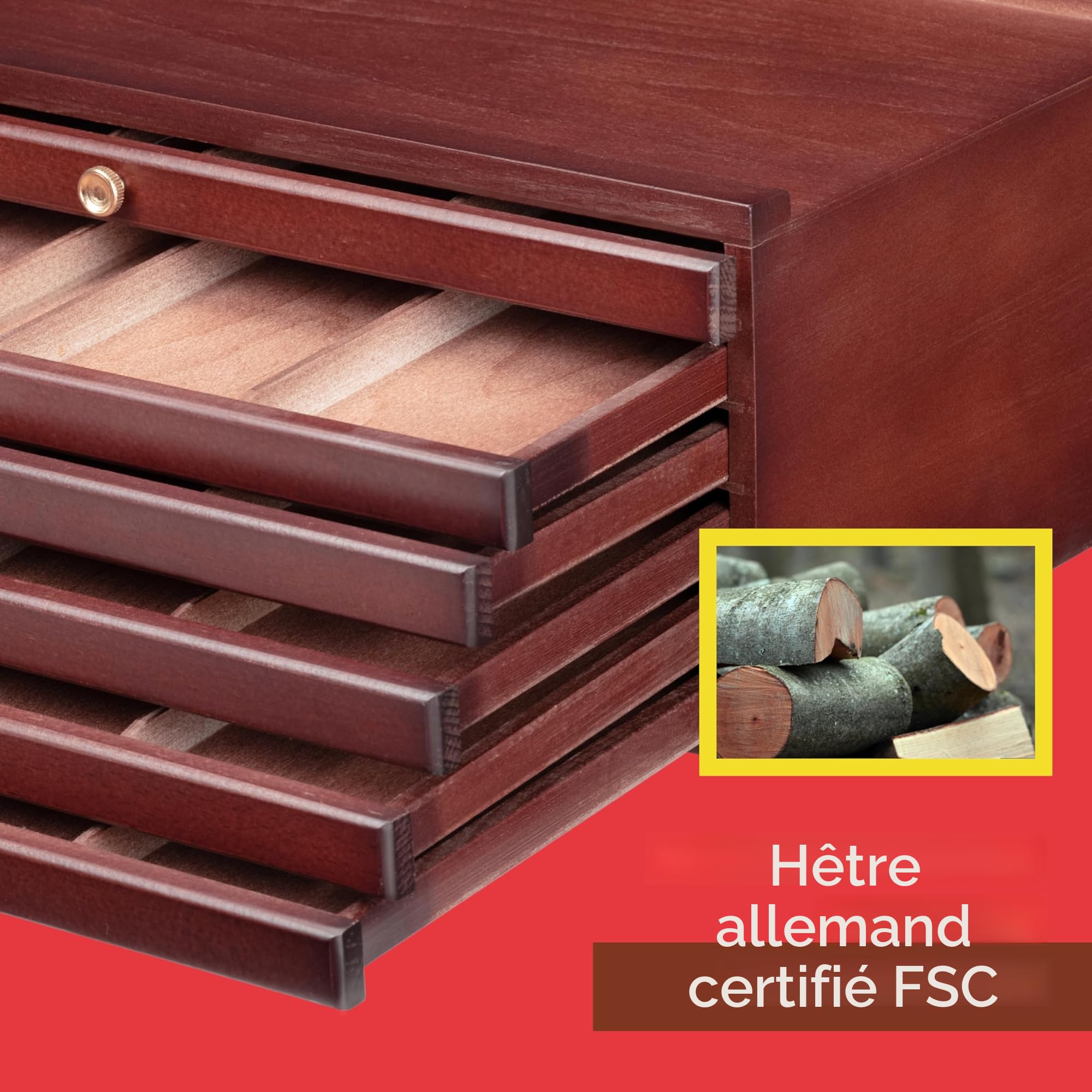 MEEDEN Boîte de rangement à 10 tiroirs en bois de hêtre multifonction avec tiroir et compartiments pour pastels, crayons, stylos, pinceaux de maquillage (couleur acajou)