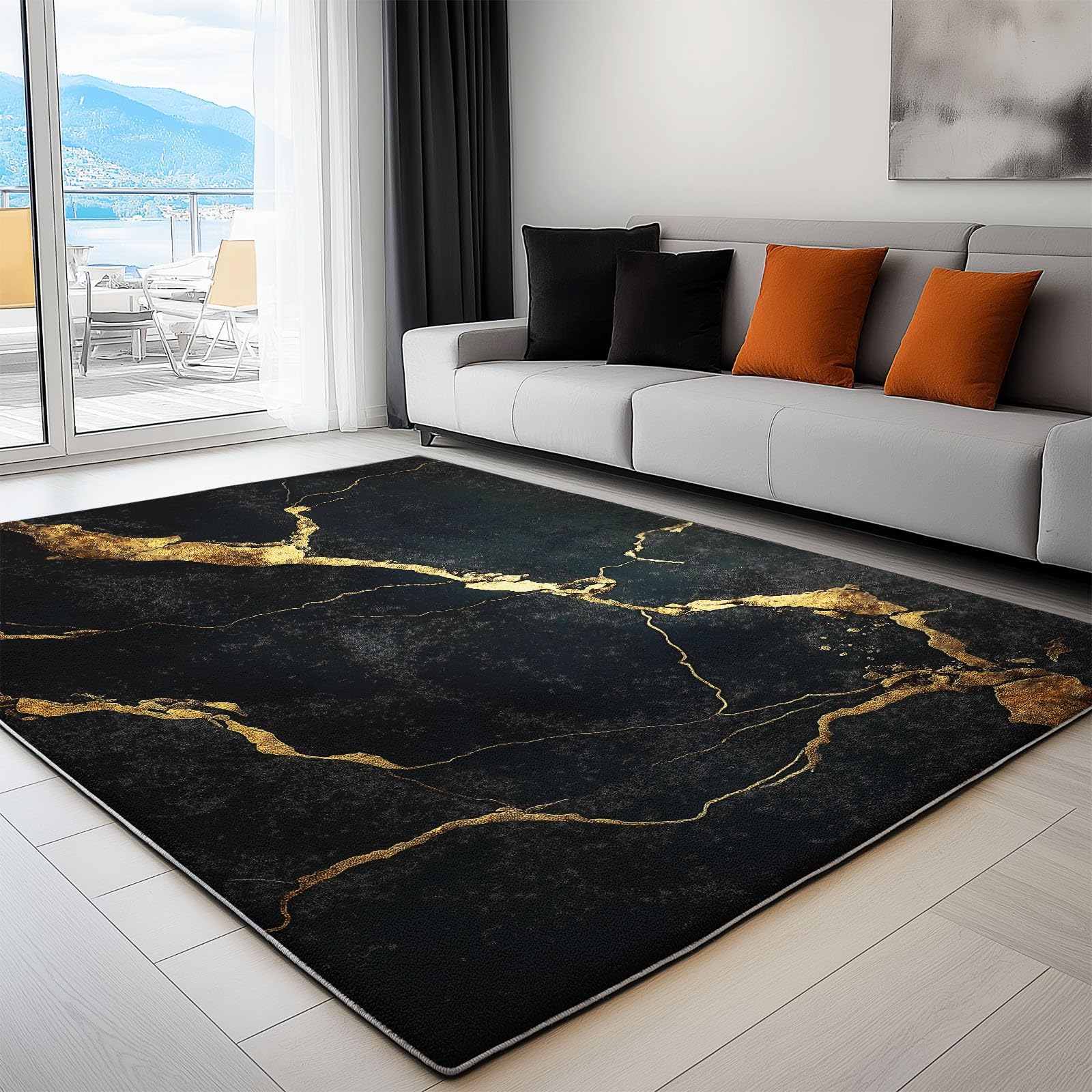 Générique Tapis Intérieur Texture Marbre Noir Or 160x230cm Tapis Lavable Doux et Antidérapant, Moquette Poil Ras imprimé 3D pour Salon Chambre l'entrée Décoration