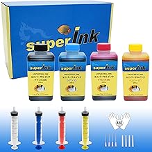 (L) Large Kit superInk Universal Ink (Dye) Refill Compatible Ink (For All Brands of Inkjet Printers) 4 Color Set 1 x 250ml (Black) + 3 x 250ml (Cyan, Magenta, Yellow) + 4 Sets (1 Pair of Gloves + 10ml Injector + Needle + Cap)