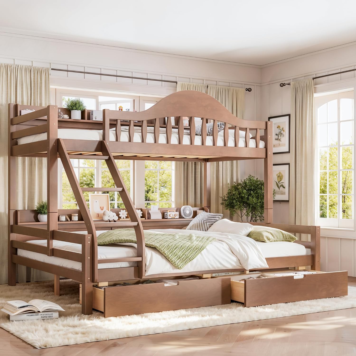 KEIKI Twin XL Over Queen Size Wooden Bunk Bed with Drawer & Ladder, Natural