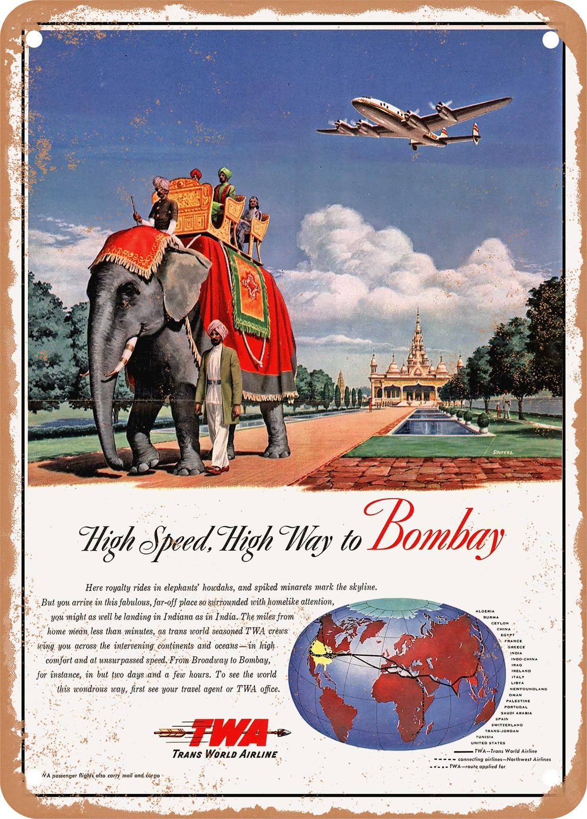 Miaomansenstore Metal Sign - 1947 High Speed High Way To Bombay World Airlines Vintage Ad Home Decor