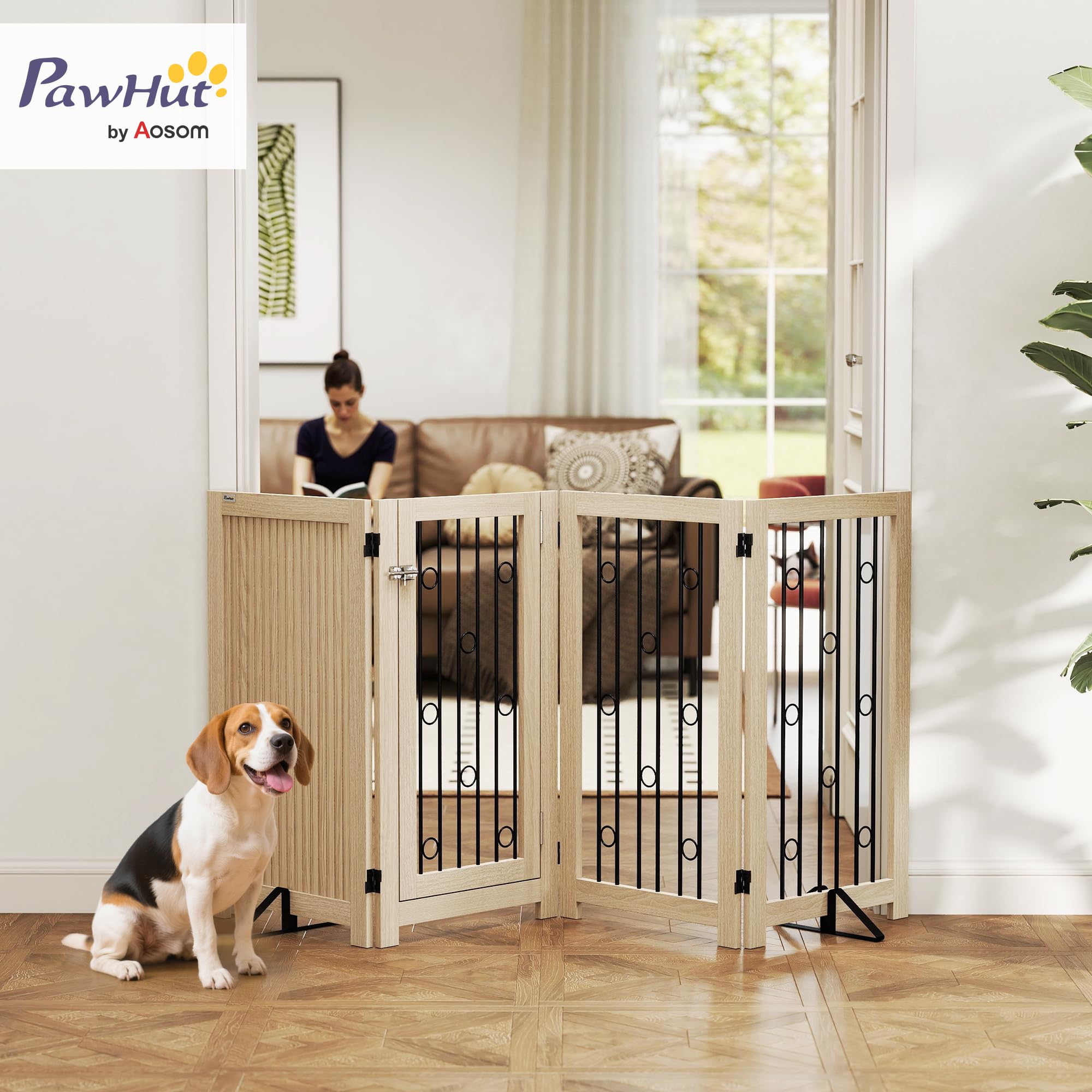 PawHut - Rejilla de protección para perros independiente, HxAn: 91,5 x 205 cm Rejilla plegable para perros con 2 patas de apoyo, puerta con cerradura, rejilla para mascotas para cocina, chimenea