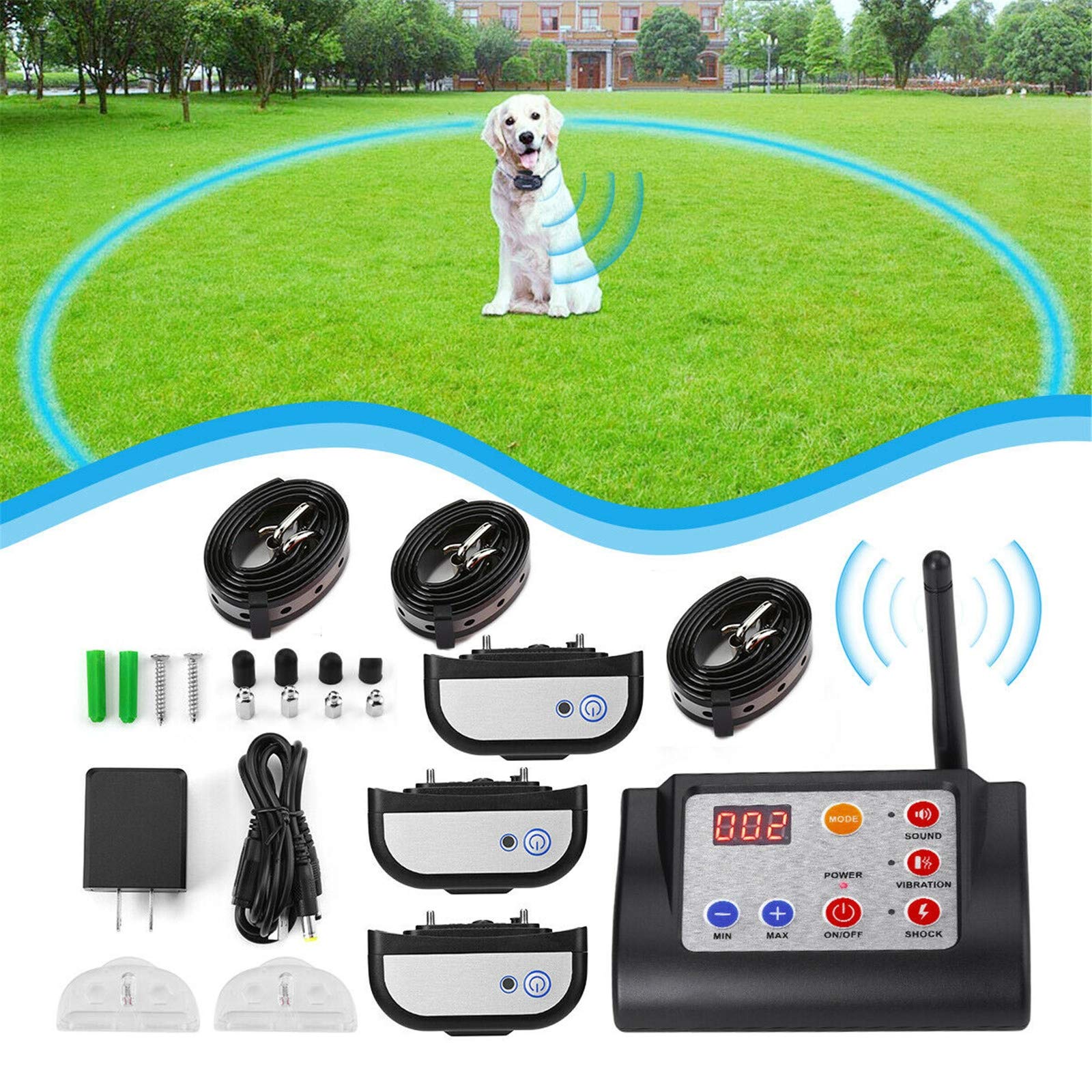 Wireless Dog Fence Electric Training Collar 2-in-1 Pet Containment System Easy Installation Auto Pairing Adjustable Range Upto 990ft
