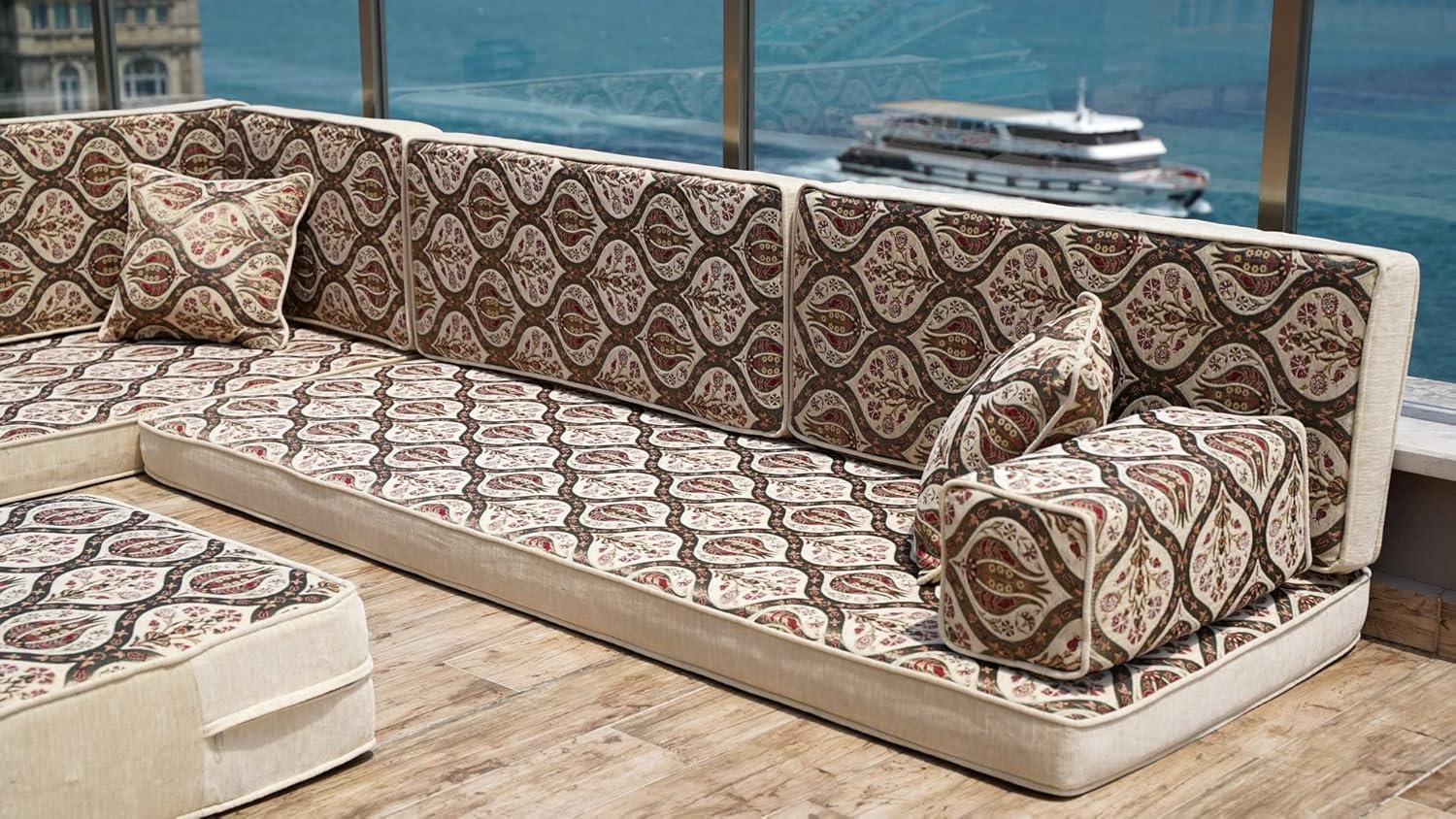 Traditional L Shaped Arabic Seating, Handmade Floor Couches, Sectional Sofas, Turkish Floor Sofas, Moroccan Livingroom Sofas, Arabic Majlis (L Sofa + Ottoman)