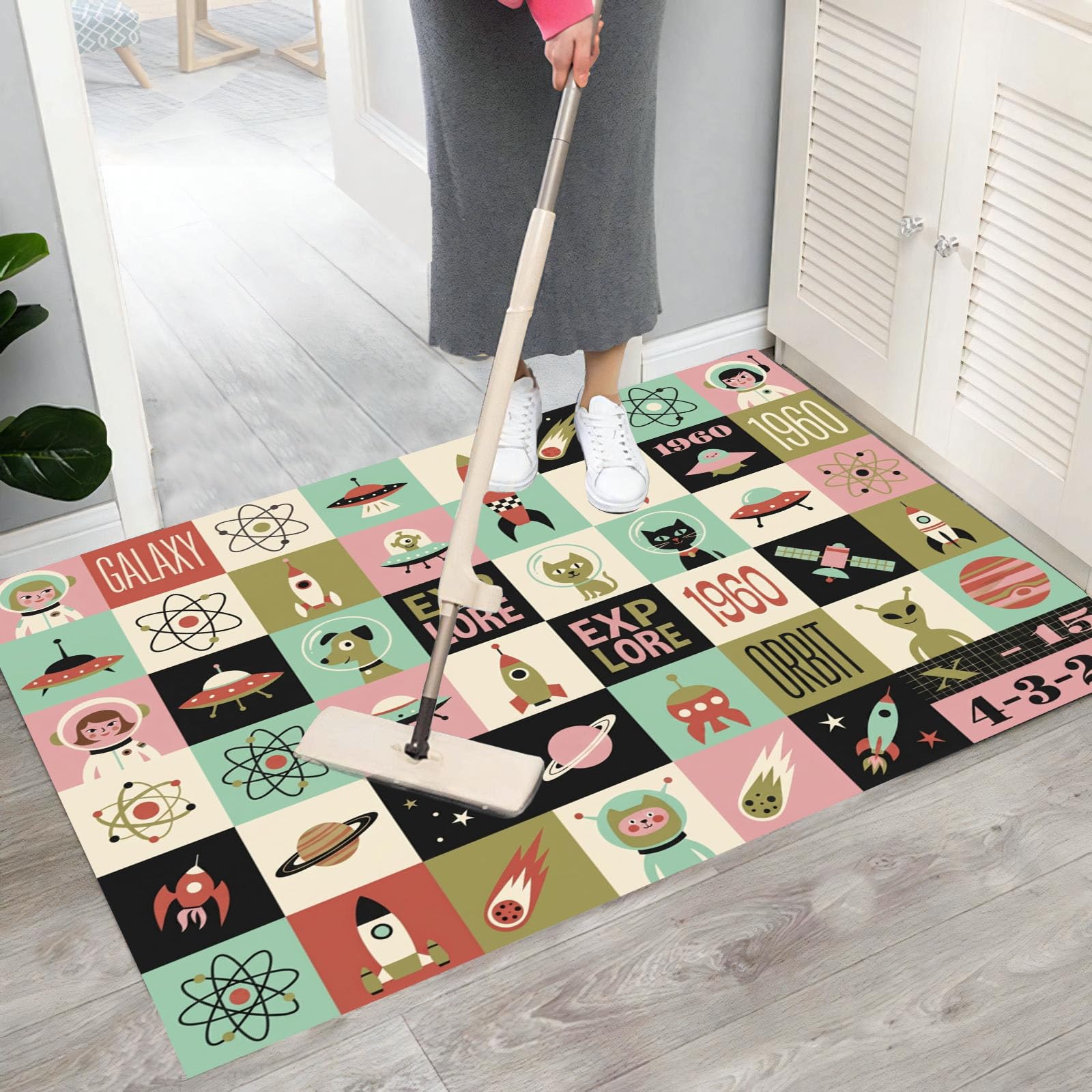 Paillasson pour Extérieur et Intérieur - Géométrie De L'Univers Des Dessins Animés - 60x90cm Tapis Flanelle avec Vie Extraterrestre - Paillasson lavable et Antidérapant pour Terrasse - Vert Menthe