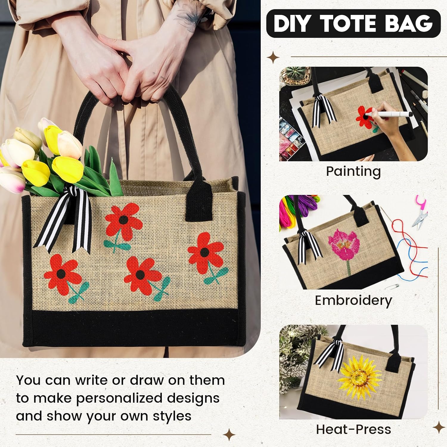 Sweetude 4 Set Jute Burlap Tote Bag with Canvas Makeup Pouch Reusable DIY Craft Blank Gift Bags for Wedding Bridesmaid(Black)