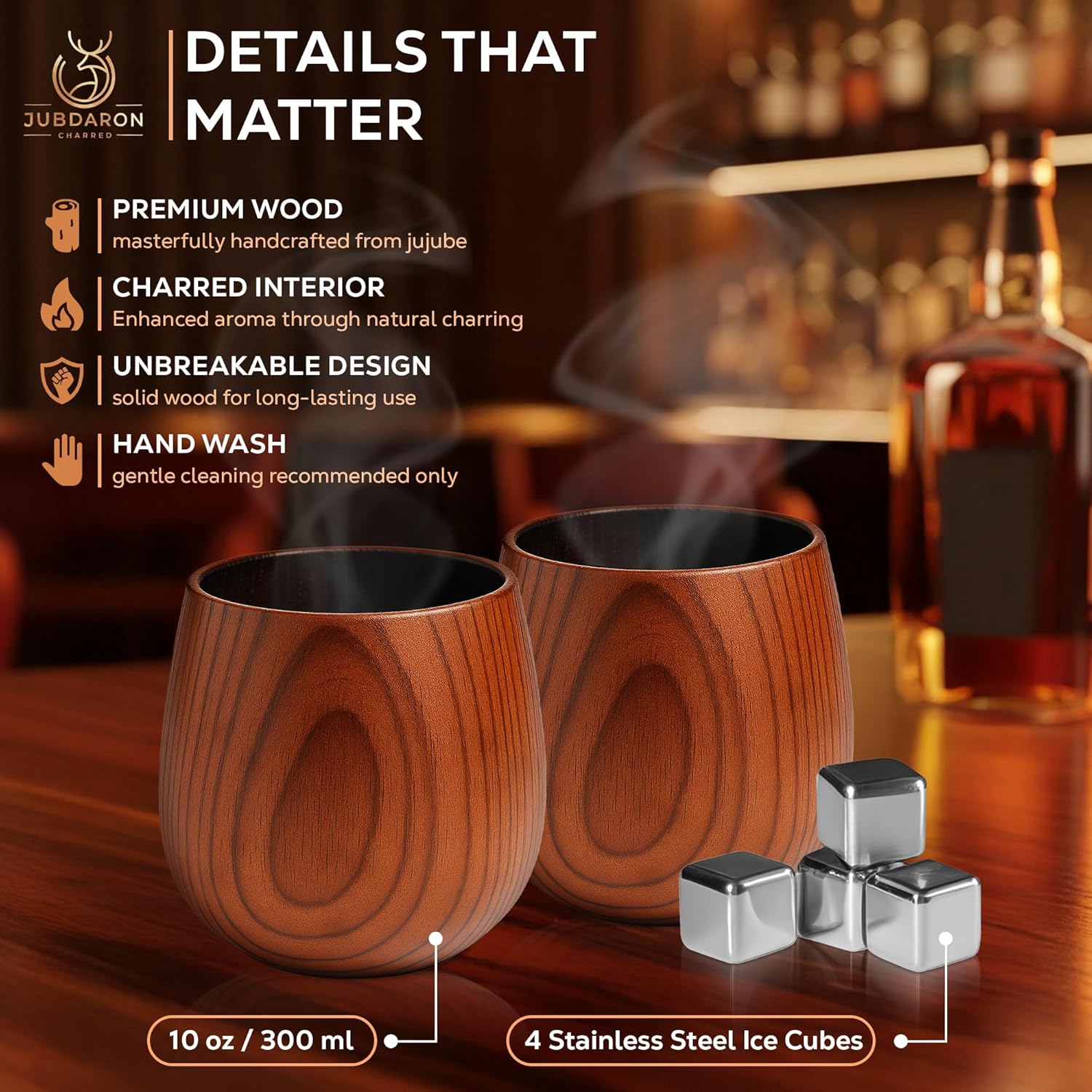 Premium Wooden Whiskey Glass Set – 2 Handcrafted Charred Wood Cups with 4 Stainless Steel Ice Cubes – Elegant Gift for Men, Dad, Husband, or Whiskey Lovers - Image 3