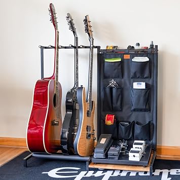 The Opener Guitar Rack, 5 Storage Slots, Multiple Guitar Floor Stand for Acoustic and Electric, Black Canvas Storage Pockets, Hardwood Shelf