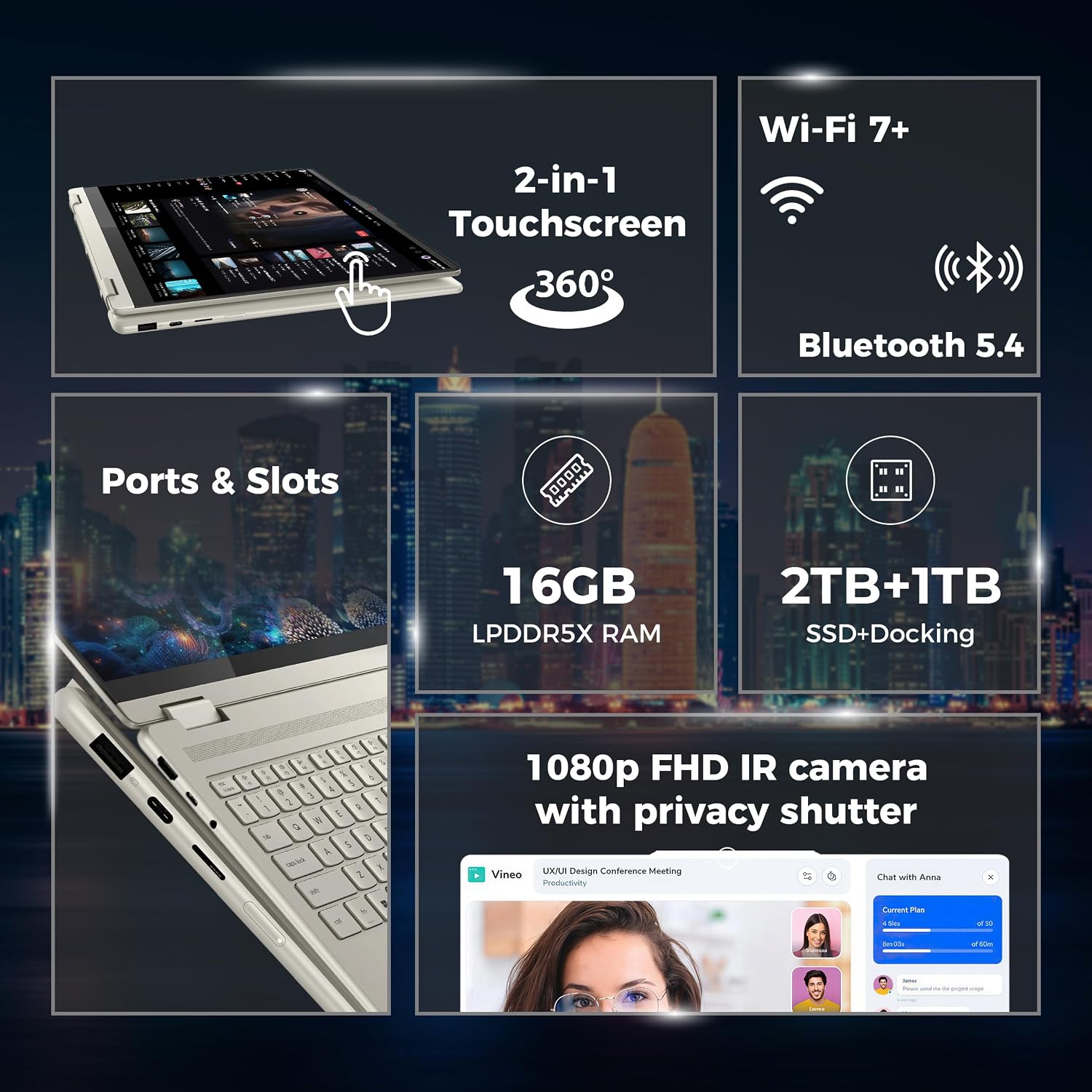 Lenovo Yoga 7 16'' 2‑in‑1 Copilot+ PC WUXGA Touch Laptop, AMD Ryzen AI 5 340, 16GB LPDDR5X, 3TB Storage(2TB SSD+1TB Docking Station), AMD Radeon 840M, Backlit Keyboard, Stylus Pen, Win 11, Seashell image 3