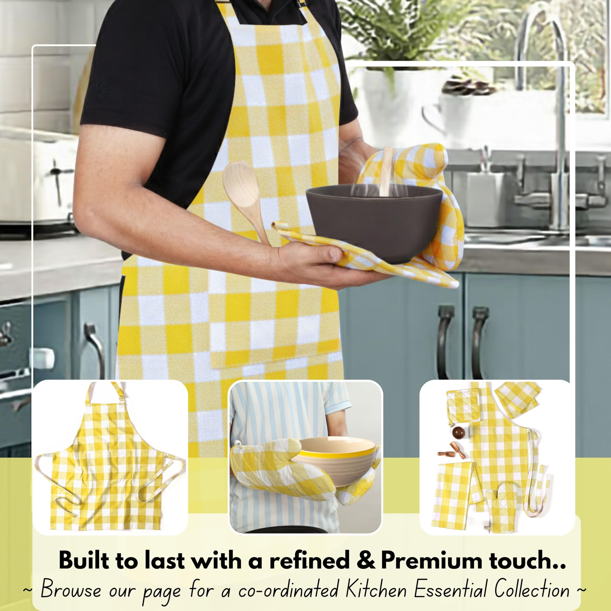 Native Fab Buffalo - Juego de 4 manoplas de horno y soportes para ollas, 100% algodón, resistentes al calor, 2 guantes de horno (7 x 13), 2 soportes para ollas (8 x 8) para cocinar y hornear, amarillo