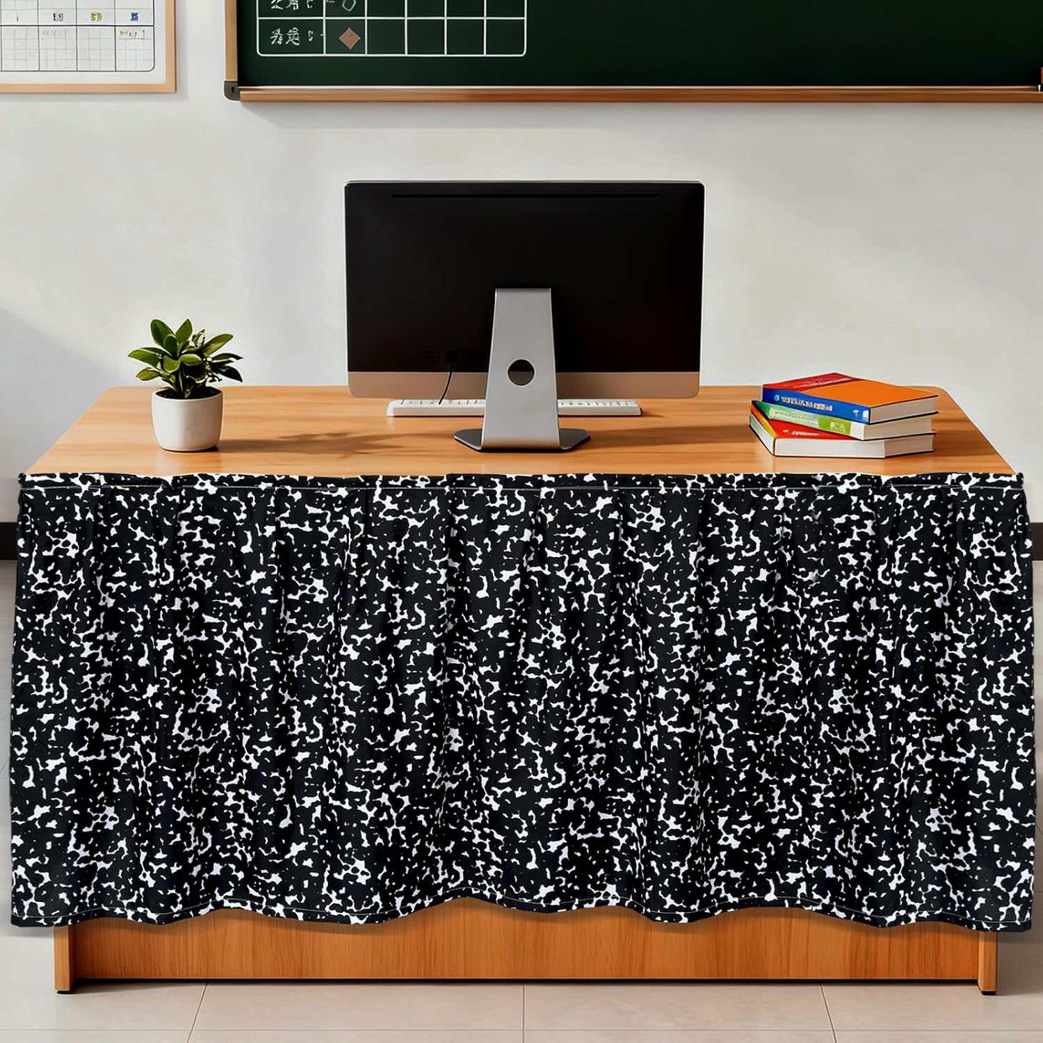 14Ft Black and White Composition Table Skirt Cloths Teacher Desk Skirts for Classroom Decorations Rectangle Tablecover Skirt for Preschool Office Bookcase Cabinet Decorations Back to School Supplies