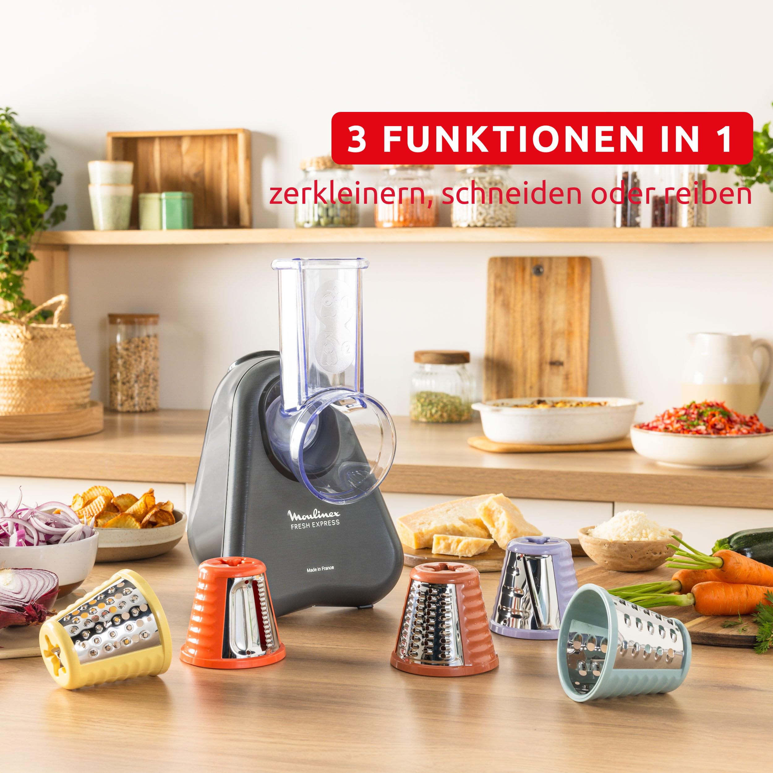 Moulinex Fresh Express Elektrische Gemüsereibe, Direktserviersystem, 5-in-1, zerkleinern-schneiden-reiben-wellenförmig-schneiden, Kabel-Verstausystem, Zubehör spülmaschinenfest, Grau, DK855HE0