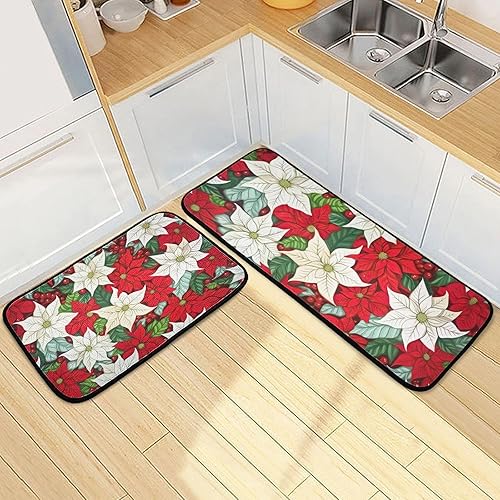 Miniatura 2 de Juego de 2 tapetes de cocina de flor de pascua de Navidad, antideslizantes, para el suelo, alfombra impermeable para el hogar, oficina, lavandería