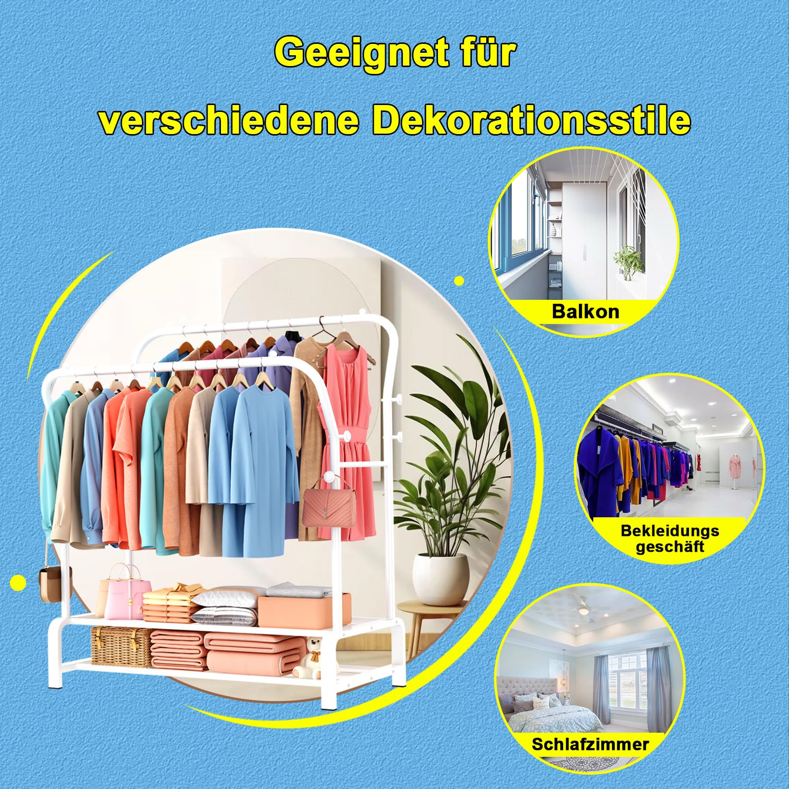 OPPAIYA Schwerlast Kleiderständer & Garderobenständer mit Doppel-Kleiderstange und 8 Haken, Stabiler Metall Kleiderwagen mit breiter Bodenablage, Für Schlafzimmer oder Flur – 110×51×145 cm, Weiß