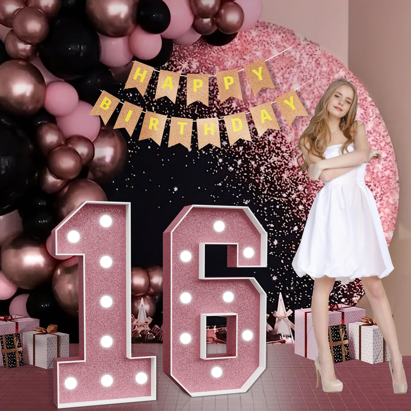 Marquee Numbers Pink 16th-Birthday Decorations: Large 3ft Light Up Number Rose Gold Sweet 16 Party Decoration for Boy Girl Sixteen Year Old Decor Party Backdrop Anniversary Big Mosaic Number 16