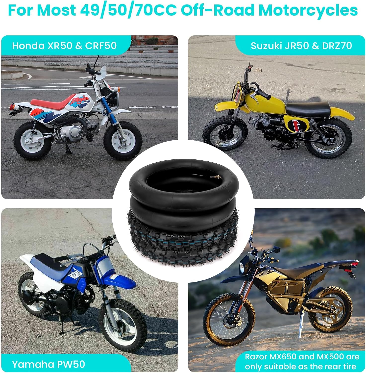 2.5-10" Off-Road Tire and Inner Tube Set, Dirt Bike Tire with 10-Inch Rim and 2.5/2.75-10 Dirt Bike Inner Tube Heavy Duty Compatiblewith Honda CRF50/XR50, Suzuki DRZ70/JR50, PW50 (2 Set)