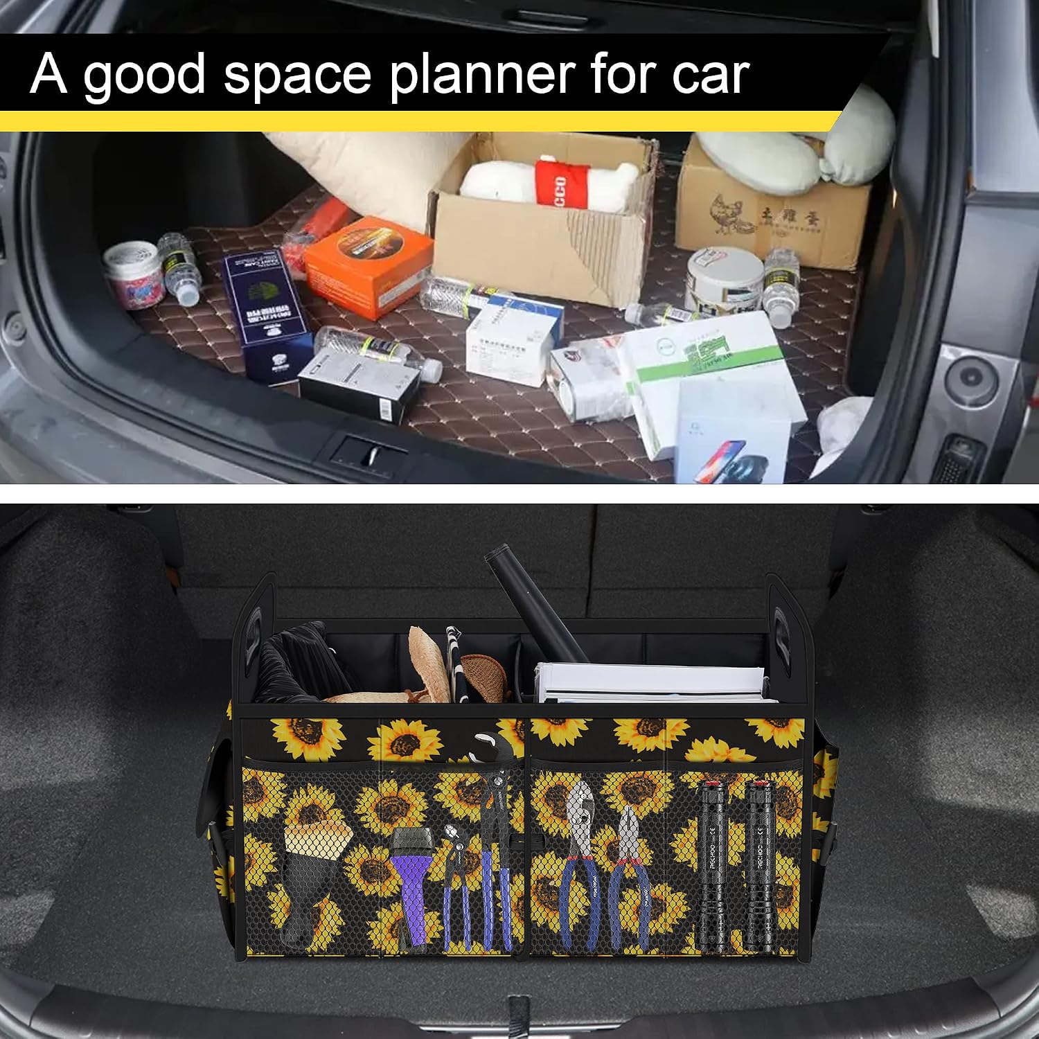 Femuar Trunk Organizer for Car, 72L Car Trunk Organizer and Extra Large Hanging Trunk Organizer for Suv, Sunflower Series