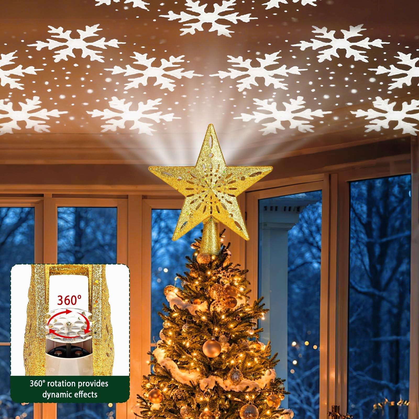 CAUTIOUS Étoile Sapin de Noel, Or Étoile pour Sapin de Noël 6 Modes de Projection avec Projecteur Dynamique LED Rotatif Intégré, pour Decoration Arbre Topper Interieur