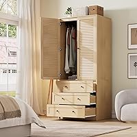 GarveeHome 69.5" Natural Wood Armoire Wardrobe Closet with Hanging Rod, 3 Drawers & Louvered Doors - Spacious Bedroom Storage Cabinet