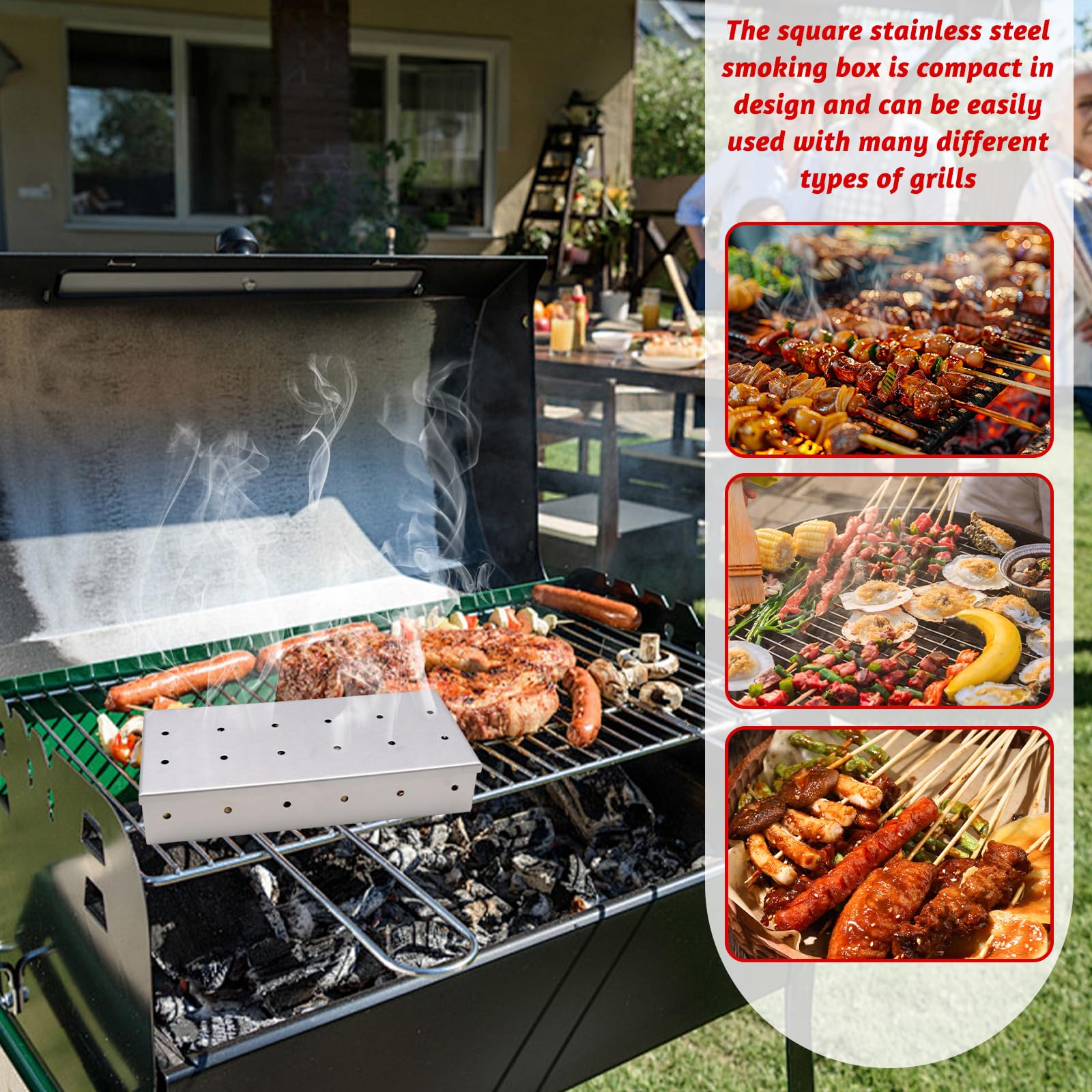 Skrzynka na wędzarnia, wędzarnia do grilla, grill ze stali nierdzewnej, wędzarnia do grilla do mięsa, wędzarnia do grilla na mięso, pudełko na grilla gazowego, węgiel drzewny i grill gazowy (z wiórami