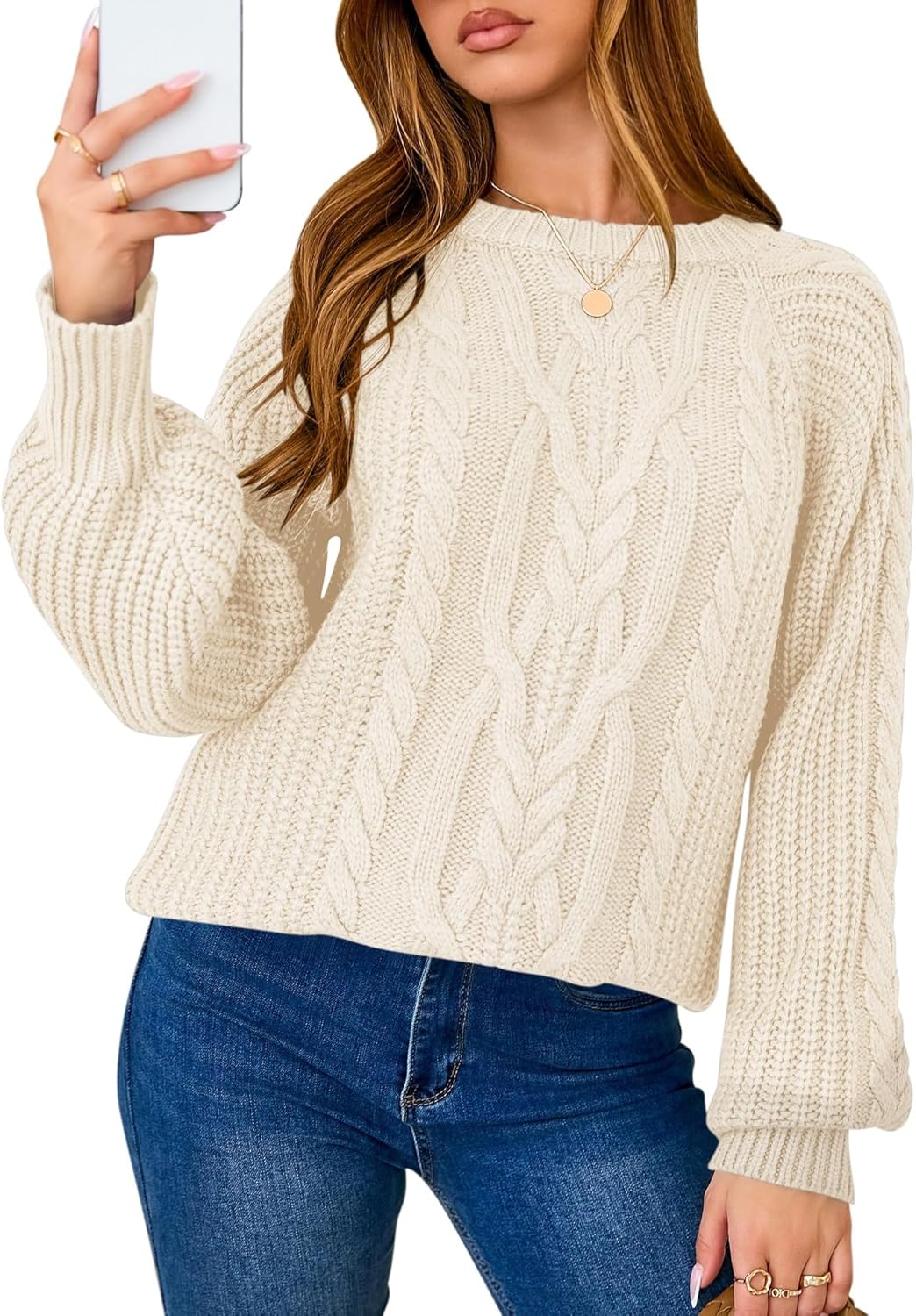 LOMON Oversized Sweaters for Women Long Sleeve Chunky Cable Knit Casual Crew Neck Pullover Sweater S-XXL