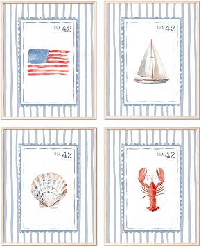 Kaderas Wall Art Posters Set of 4, Blue Nautical Coastal Pictures Artwork for Preppy, Red Lobster, Flag, Sailboat and Shell Art Prints Room Decor, Unframed