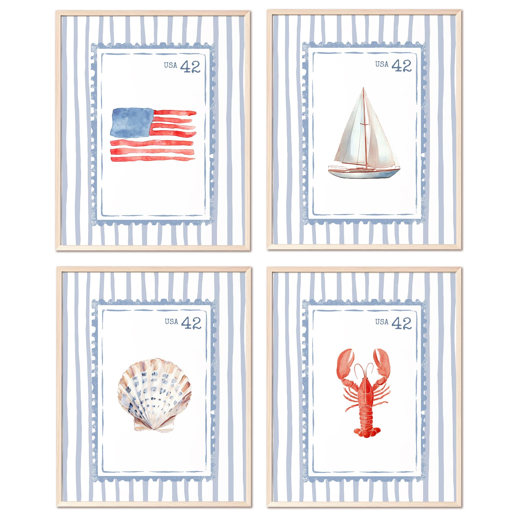 Kaderas Wall Art Posters Set of 4, Blue Nautical Coastal Pictures Artwork for Preppy, Red Lobster, Flag, Sailboat and Shell Art Prints Room Decor, Unframed