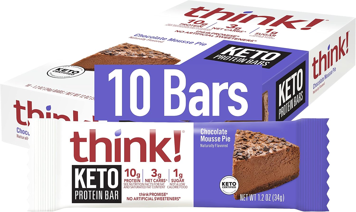 think, Keto Protein Bars, Healthy Low Carb, Low Sugar, Gluten Free Snack with No Artificial Sweeteners, 3G Net Carbs & 10G of Whey Protein - Chocolate Mousse Pie (10 Count)