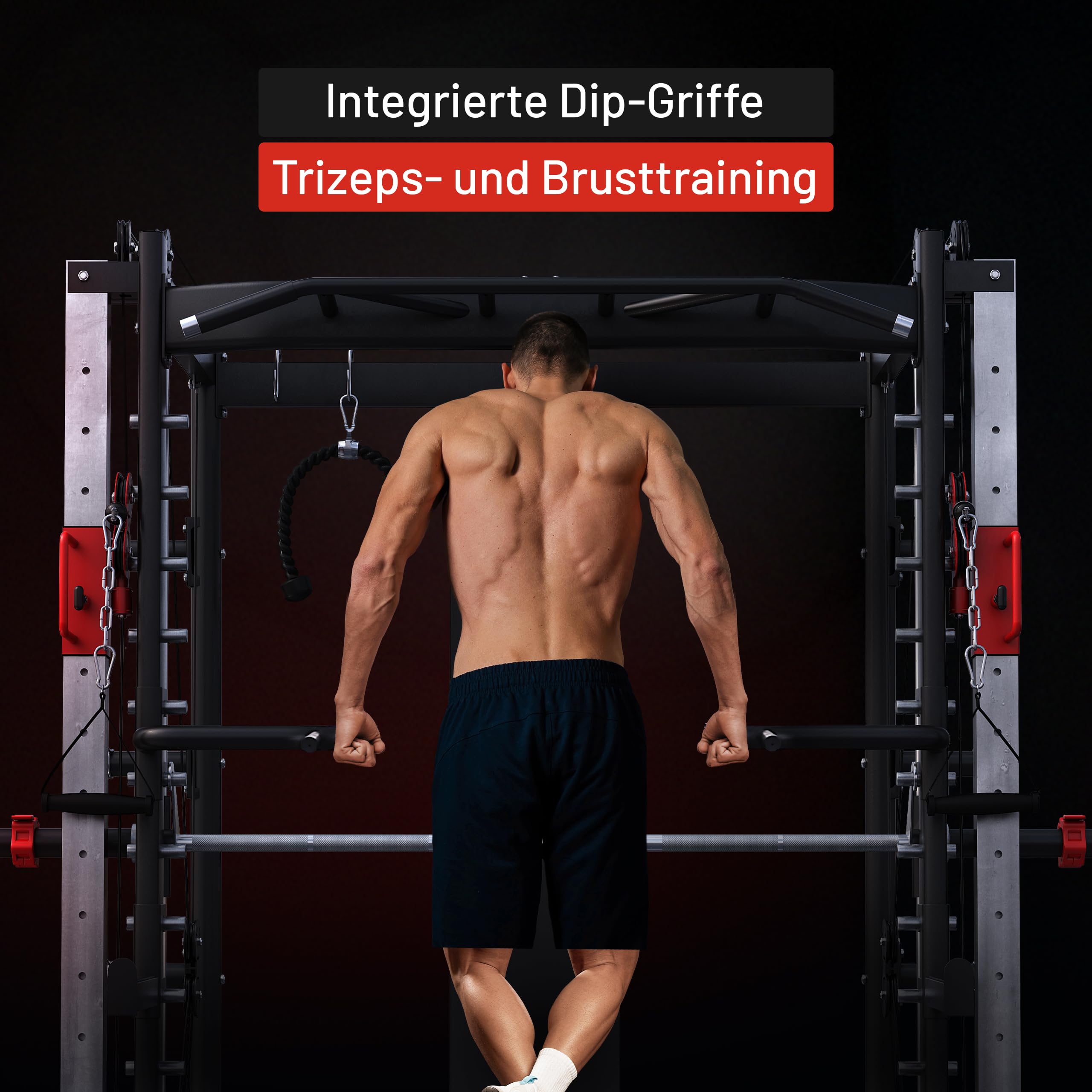 GORILLA SPORTS® Smith Maschine - mit Klimmzug, Rudern, Dip Station, Bizeps/Trizepsgriff, Langhantel und Hantelscheiben Aufnahme, Verstellbar, Stahl - Multipresse, Power Rack, Kraftstation, Power Cage