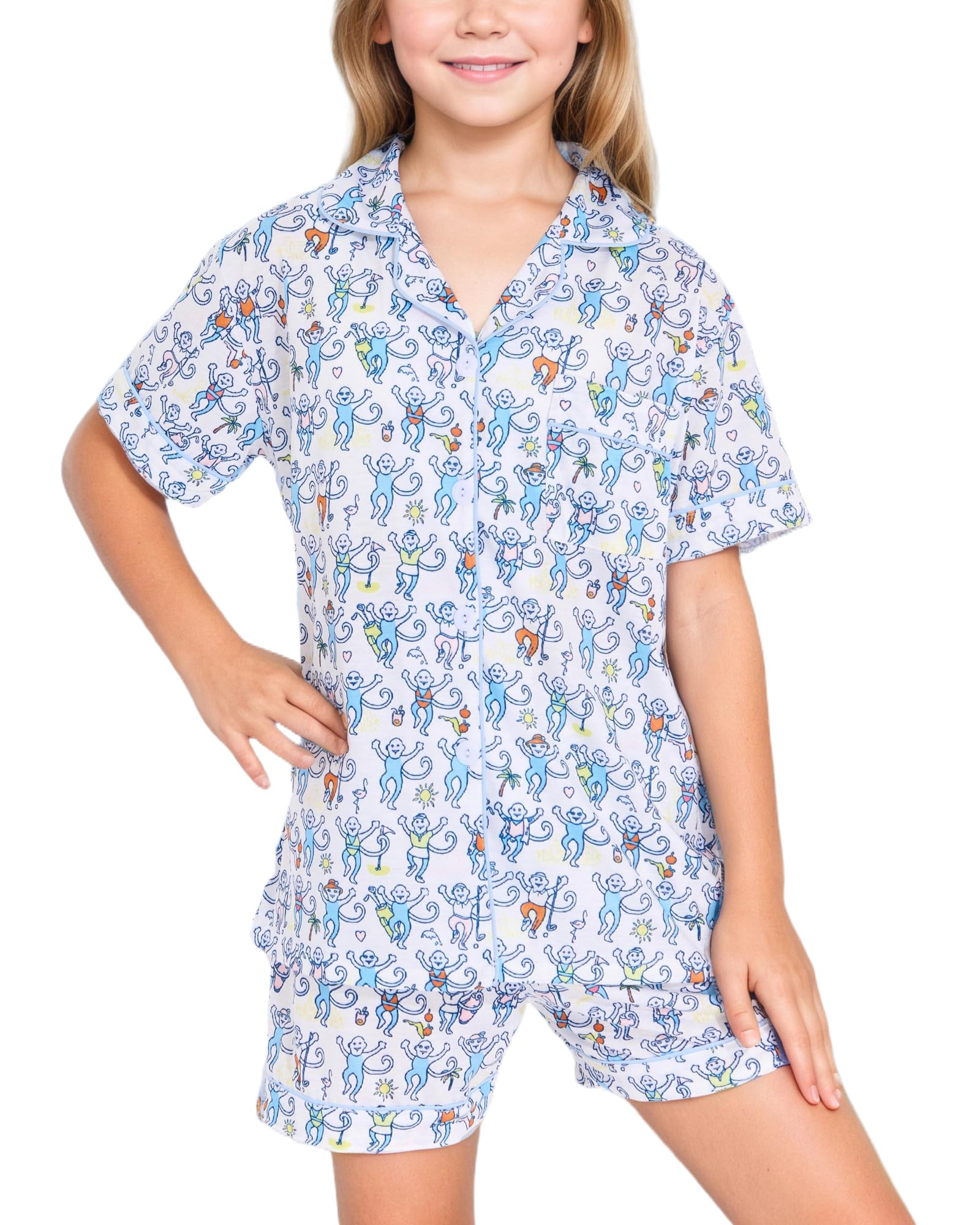 Girls Pajamas Sets, Kids Monkey Button Down Sleepover Loungewear