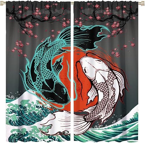 Miniatura 1 de SENQIAN Koi - Cortinas opacas para cocina, estética japonesa, romántica, flor de cerezo, ondas, con bolsillo para cortinero, cortinas opacas para