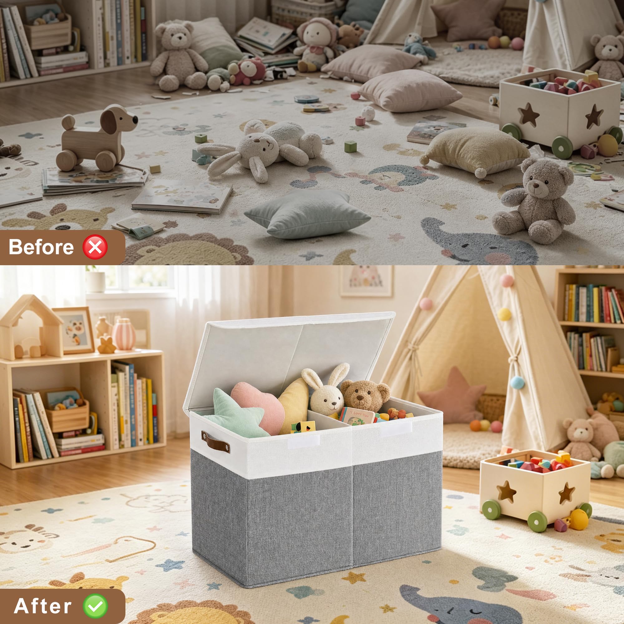 Caja de juguetes grande con tapa, plegable, resistente, organizador de almacenamiento de juguetes, cestas para niños, gris y blanco