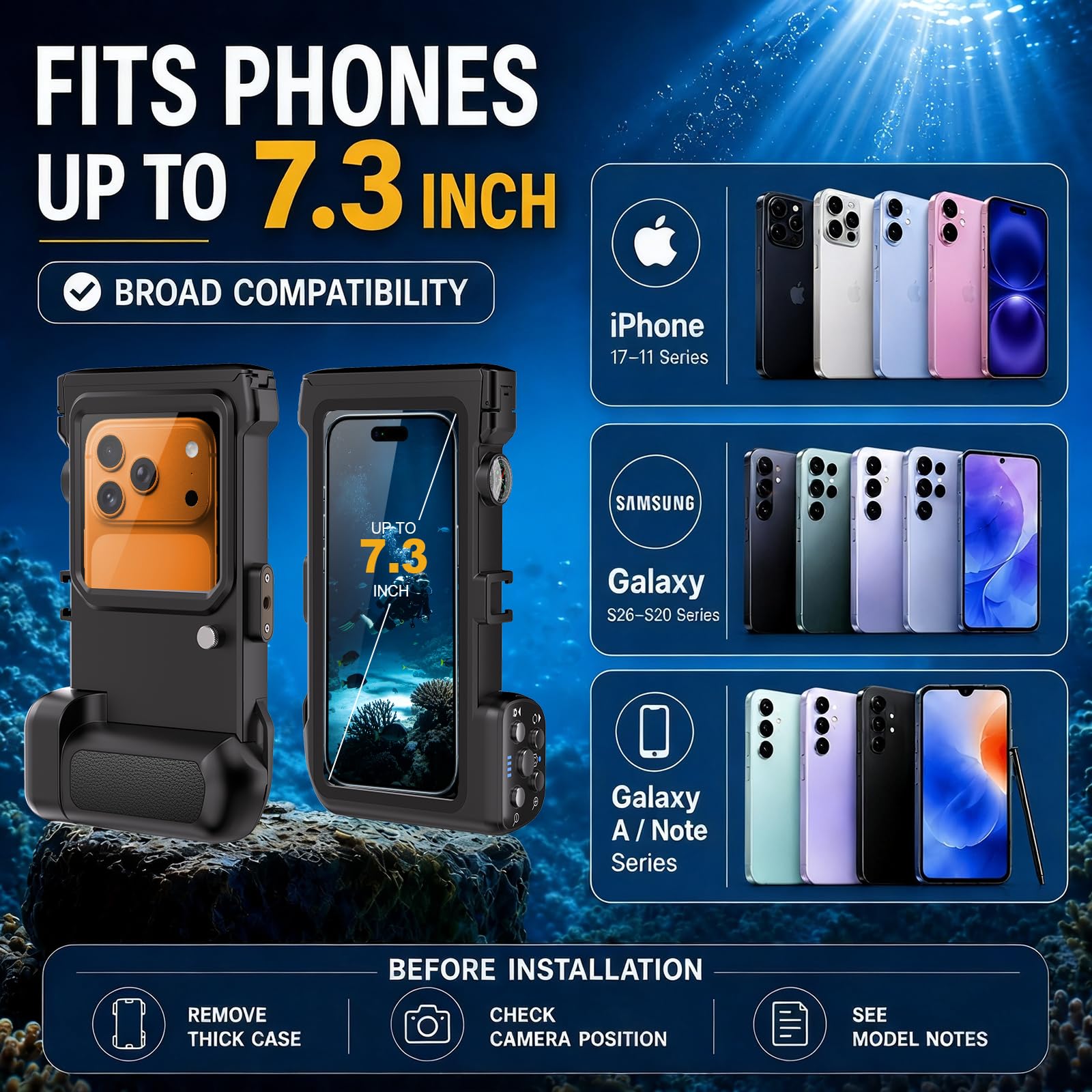 Funda impermeable para esnórquel, carcasa subacuática de 15 m con disparador remoto Bluetooth, funda de buceo para iPhone 17, 16, 15, 14, Samsung Galaxy S26 S25, se adapta hasta 7.3 pulgadas (negro)