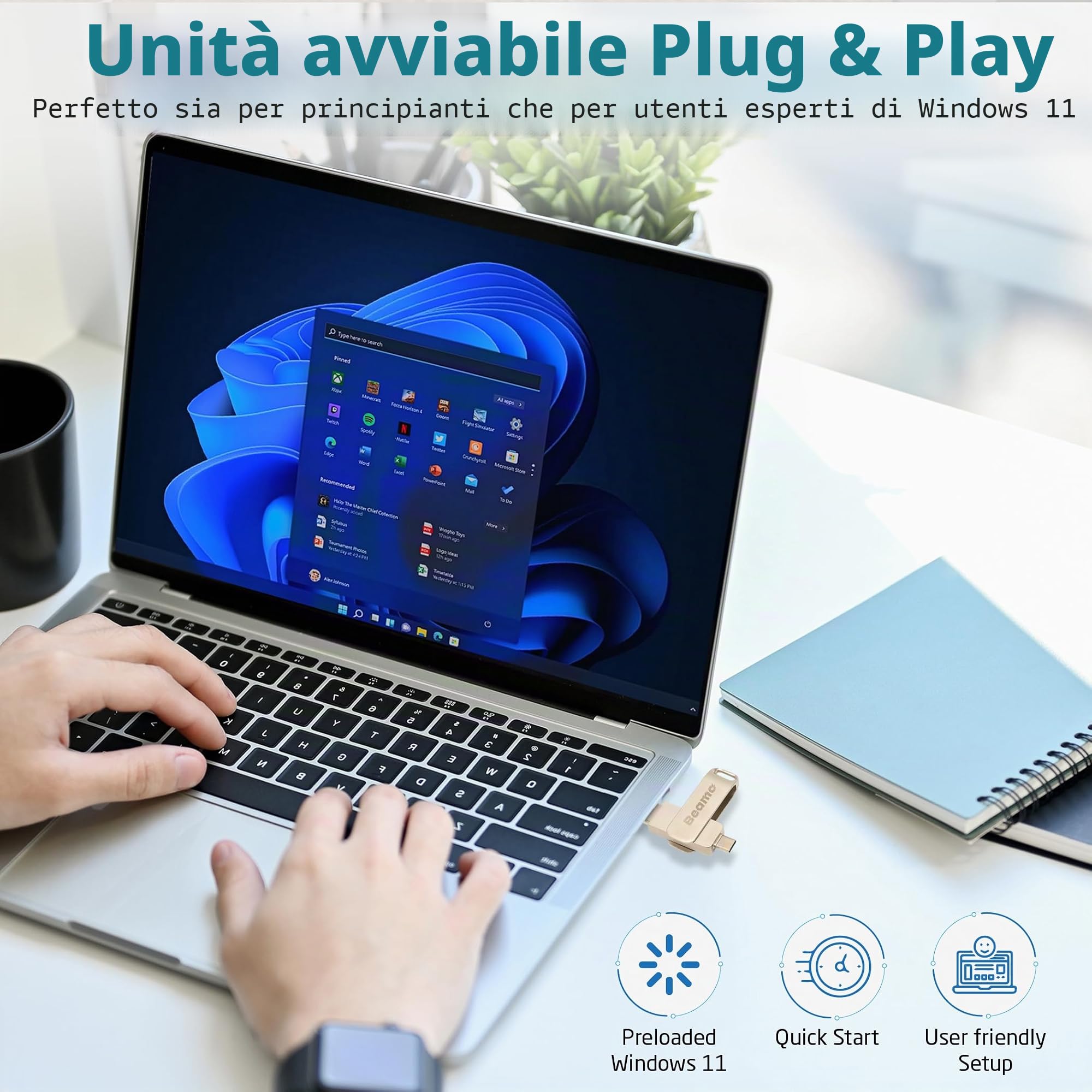 Beamo Unità flash USB avviabile con Windows 11, 16 GB, unità di installazione e riparazione per Windows 11, compatibile con UEFI e Legacy Boot, nessun requisito TPM o avvio sicuro, compatibilità USB-A