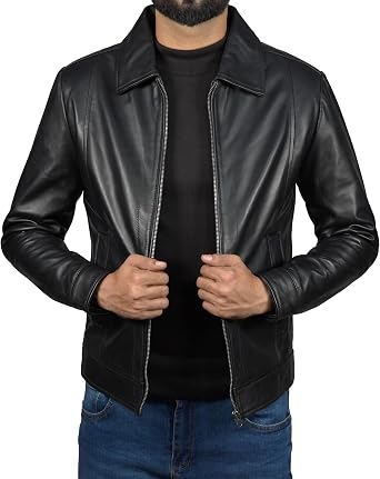Mens Logan Leather Jacket Men - Biker Motorcycle Leather Jacket for Men with Brown Stripes