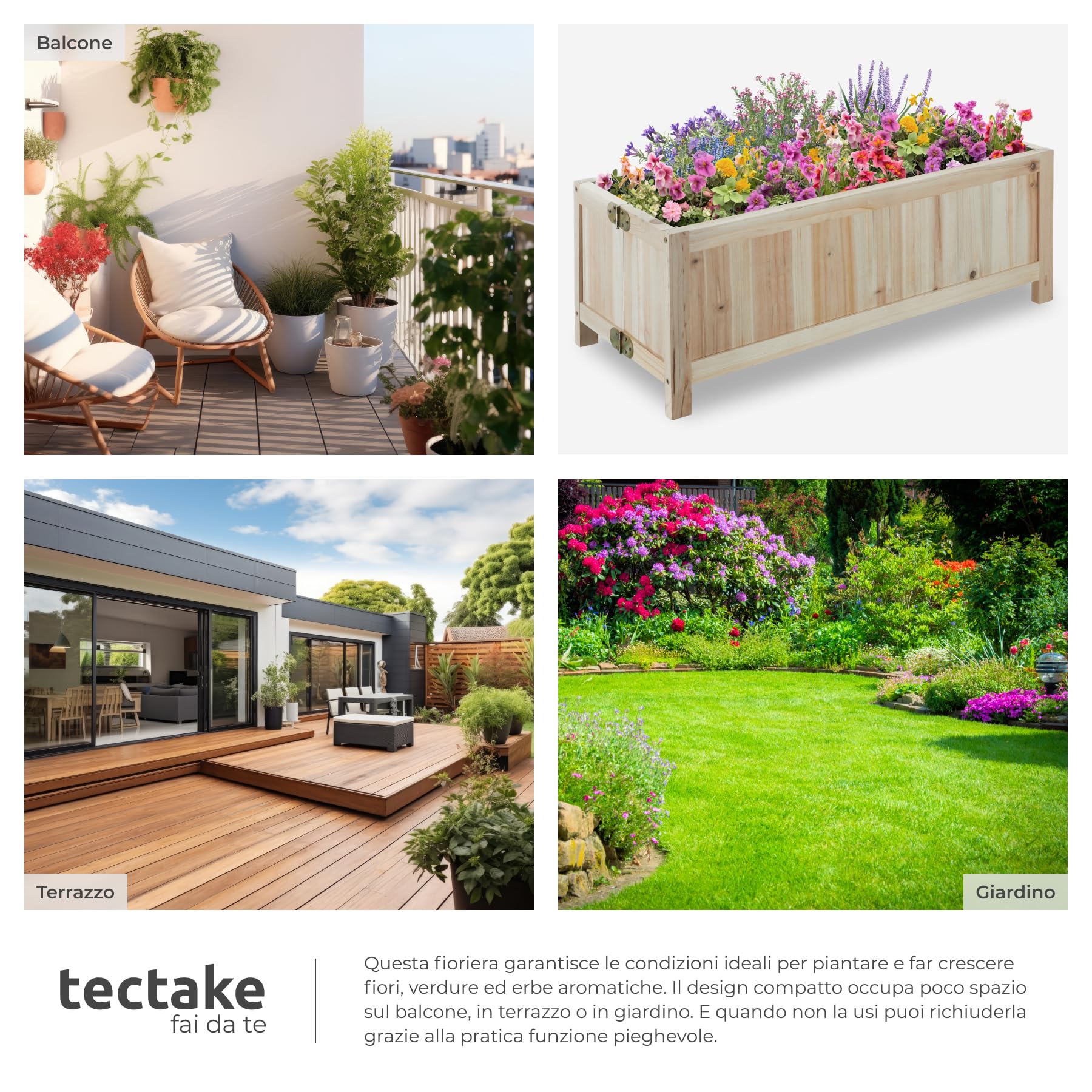 tectake® Cassone per Orto Rialzato, Legno di Abete, Pieghevole, 30l, con Pellicola Protettiva, per Verdure, Erbe Aromatiche e Fiori, per Giardino, Balcone e Terrazza, 70x30x25 cm