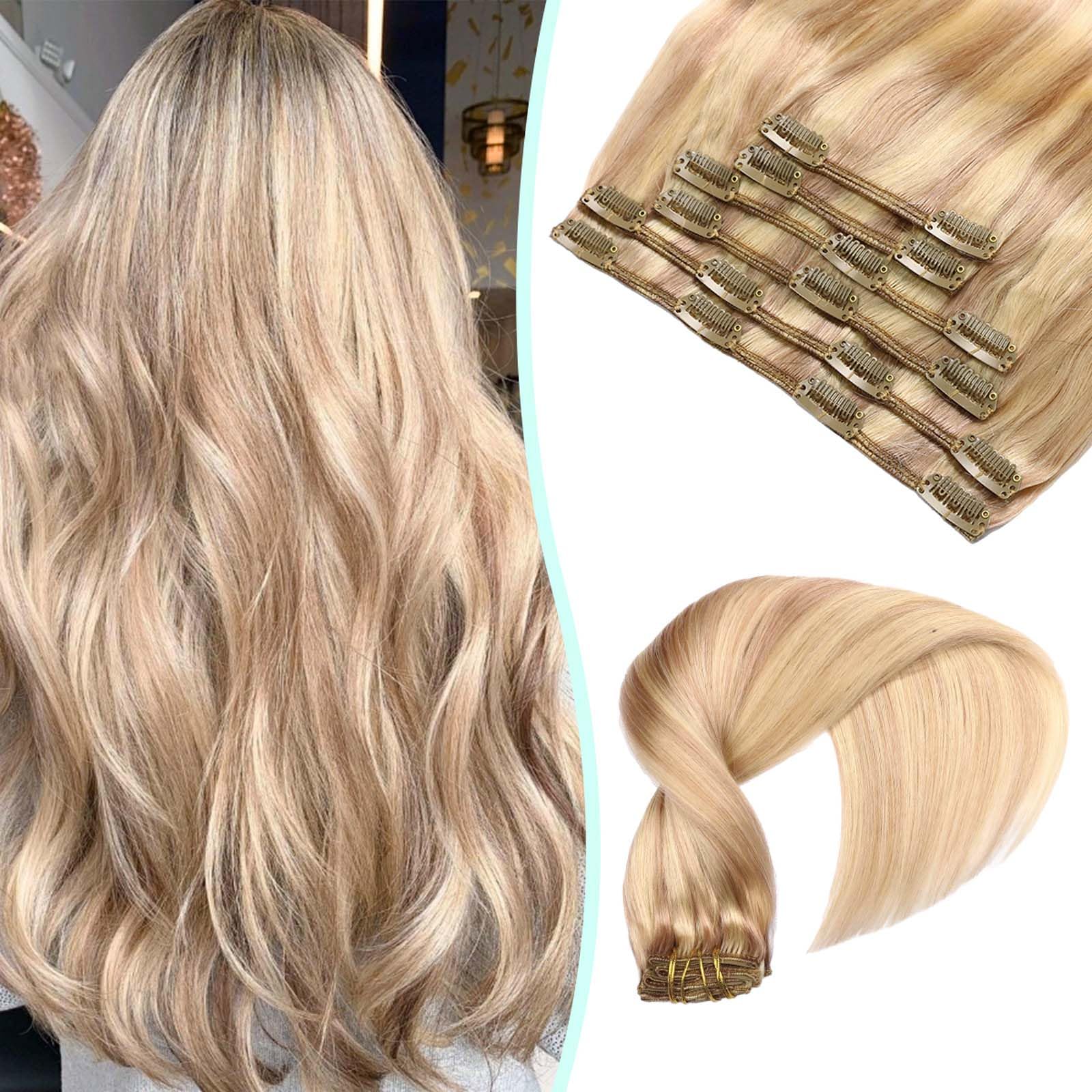 VINBAO Extension Capelli Veri Clip, Biondo Sporco Illuminato Biondo Candido Extension Clip Capelli Veri, 55cm Umani Clip Capelli Estensione Con Clip Capelli Veri 120g 6pcs (#C18P613, 22'')