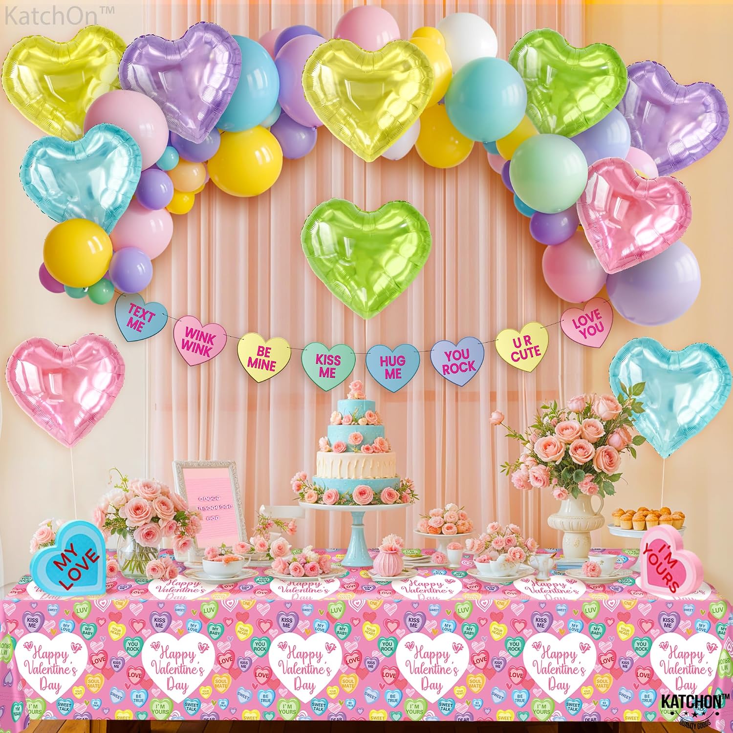 KatchOn, Conversation Hearts Decorations Set - Pack of 12 | Conversation Heart Garland, 10 Feet | Heart Balloons, Valentines Decorations | Conversation Heart Tablecloth for Valentines Day Decorations