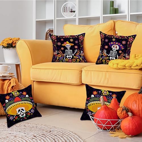 Miniatura 7 de Juego de 4 fundas de almohada del Día de los Muertos Dia De Los Muertos Calavera de Azúcar Flor de 18 x 18 pulgadas, Juego de 4 fundas de almohada