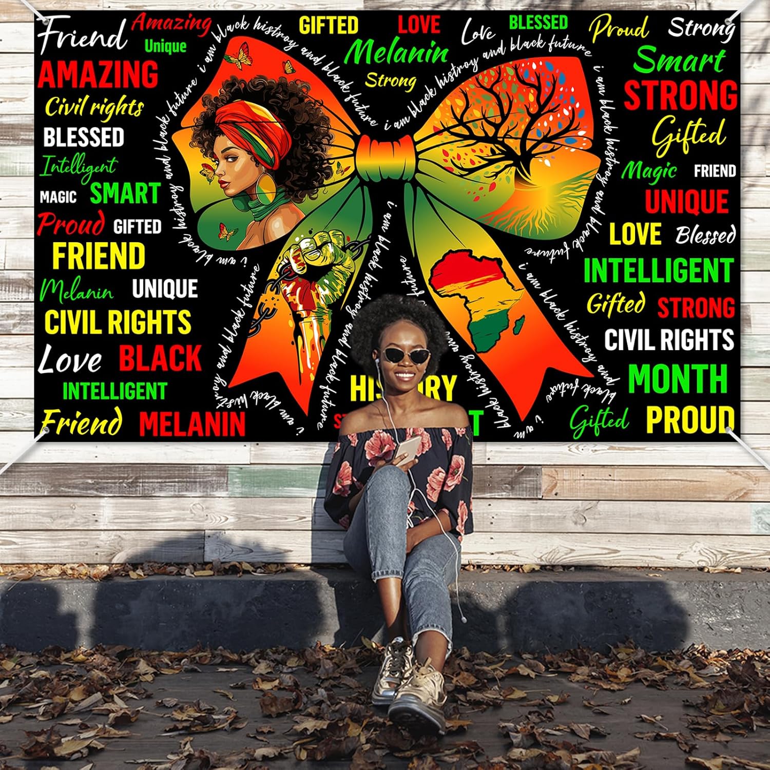 Avezano Black History Month Banner Bow Inspirational Phrases Black History Month Backdrop African American February National Holiday Decorations Banner for Home and Classroom Party (7x5ft)