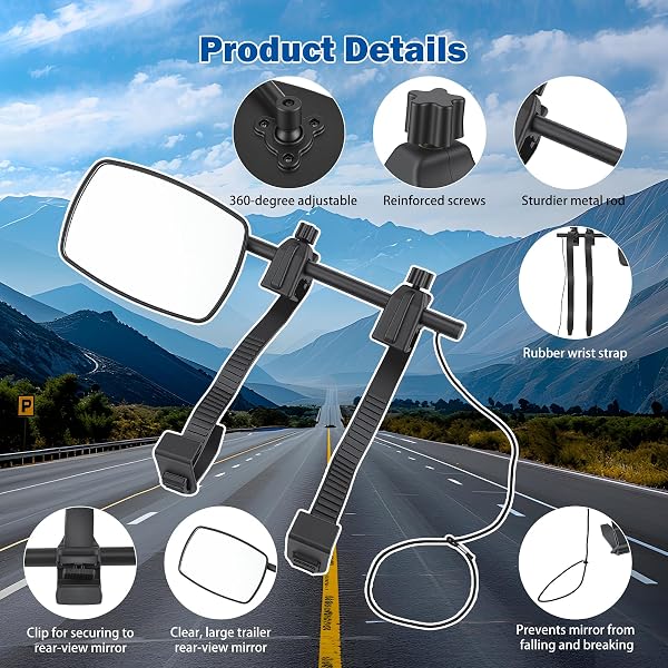 Universal Caravan Towing Mirrors Pair - Adjustable Wing Mirror Extensions with Clamps & Straps for Cars, 4x4s, Motorhomes - Eliminate Blind Spots (Style A) - 3