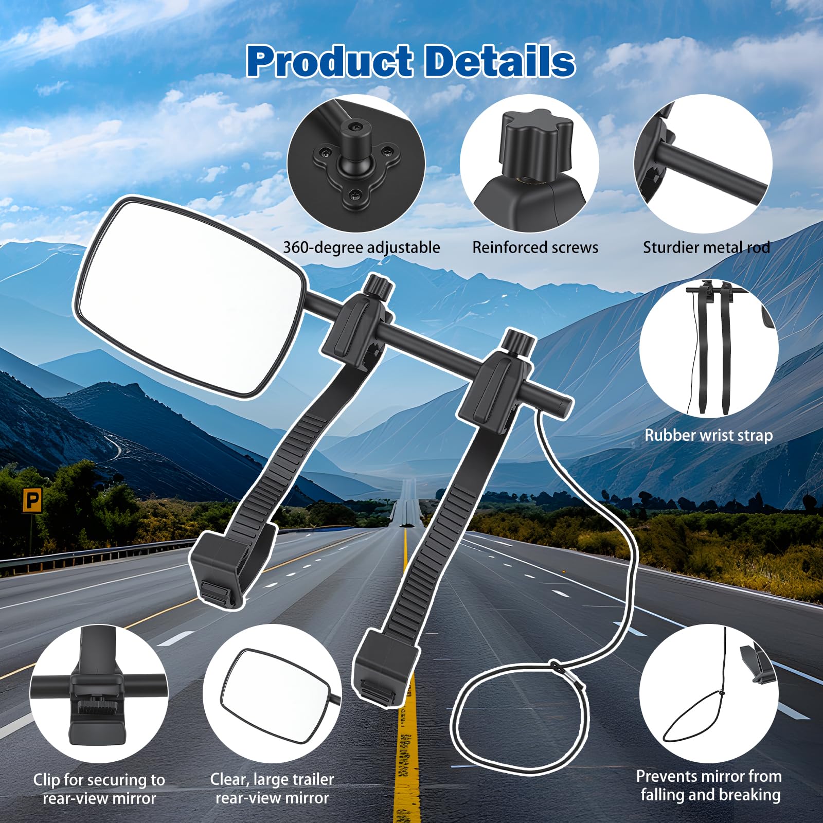 Universal Caravan Towing Mirrors Pair - Adjustable Wing Mirror Extensions with Clamps & Straps for Cars, 4x4s, Motorhomes - Eliminate Blind Spots (Style A) - 3