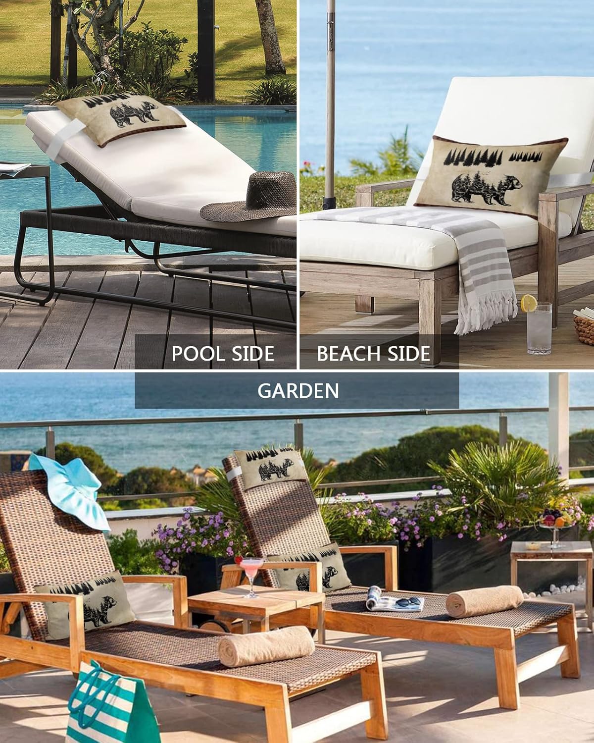 Bear Silhouette Outdoor Chaise Lounge Head Resting Pillows 2 Pack, Bear Tree Silhouette Vintage Paper Waterproof Patio Furniture Pillow with Insert Adjustable Elastic Stripe for Recliner Beach Chairs
