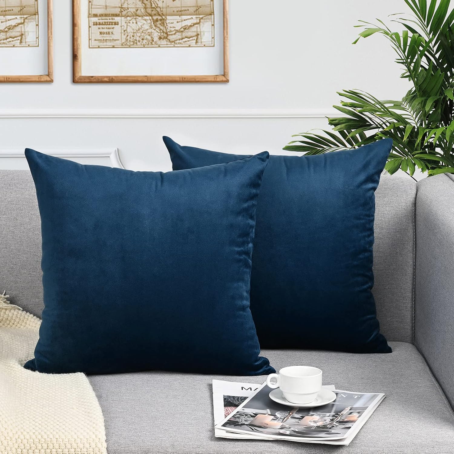 Yastouay 2 Pack Throw Pillow Covers, Navy Blue Decorative Pillow Covers, Solid Sofa Pillows, Soft Velvet Pillow Case, Square Accent Cushion Covers for Sofa Couch Bed Chair, 18 x 18 Inches : Home & Kitchen