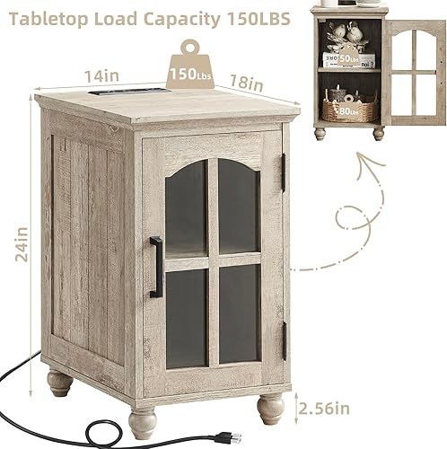 Miniatura 7 de Mesa auxiliar estrecha, mesita de noche de granja con estación de carga, mesa auxiliar de madera con almacenamiento de puerta de granero de vidrio,