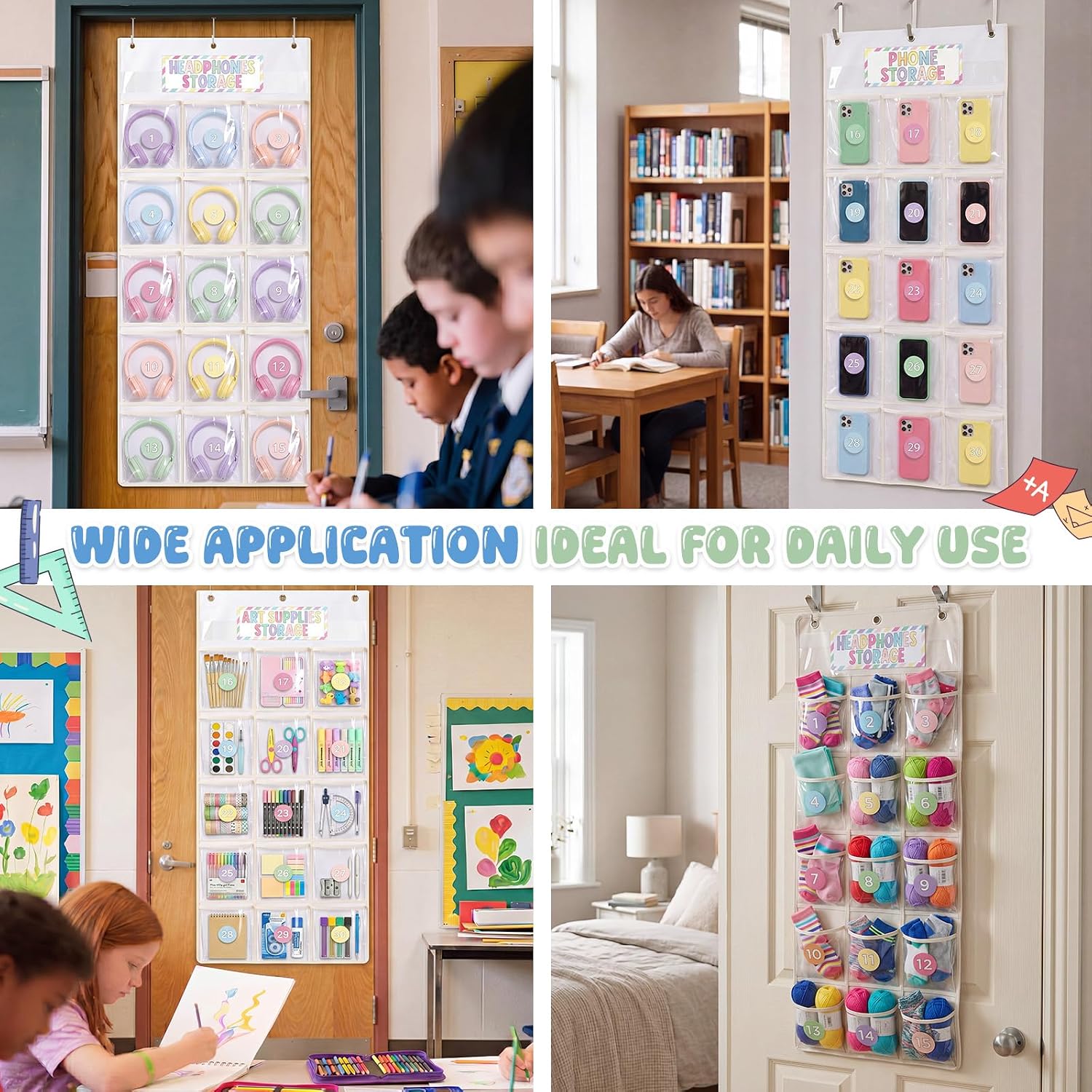 2 Pack Classroom Headphone Storage Organizer, 30 PVC Clear Classroom Headphone Holder Pocket Chart Cell Phone Storage Over the Door Hanging Bag with 62 Labels and 6 Hooks for School Library