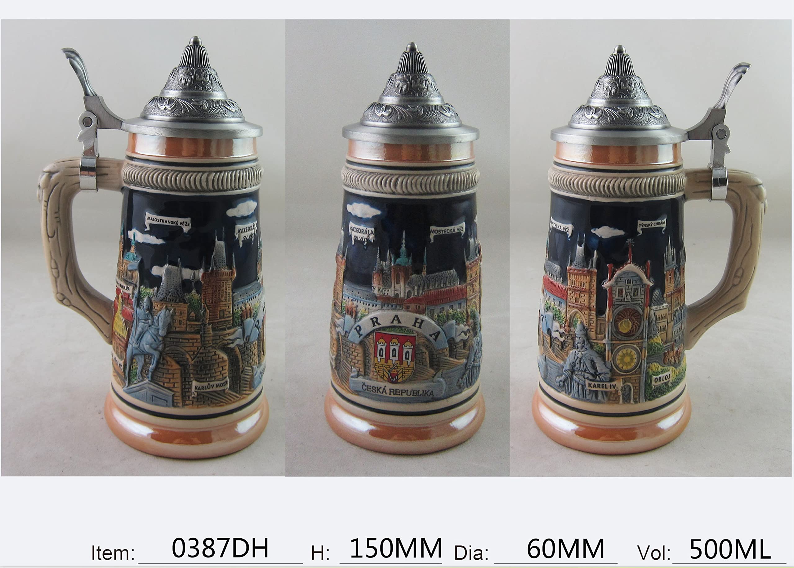 Boccale da birra tedesco con emblema del castello di Praga con coperchio, regalo di Pasqua per uomini, papà, migliore amico, appassionato di birra, autentico souvenir da collezione inciso a