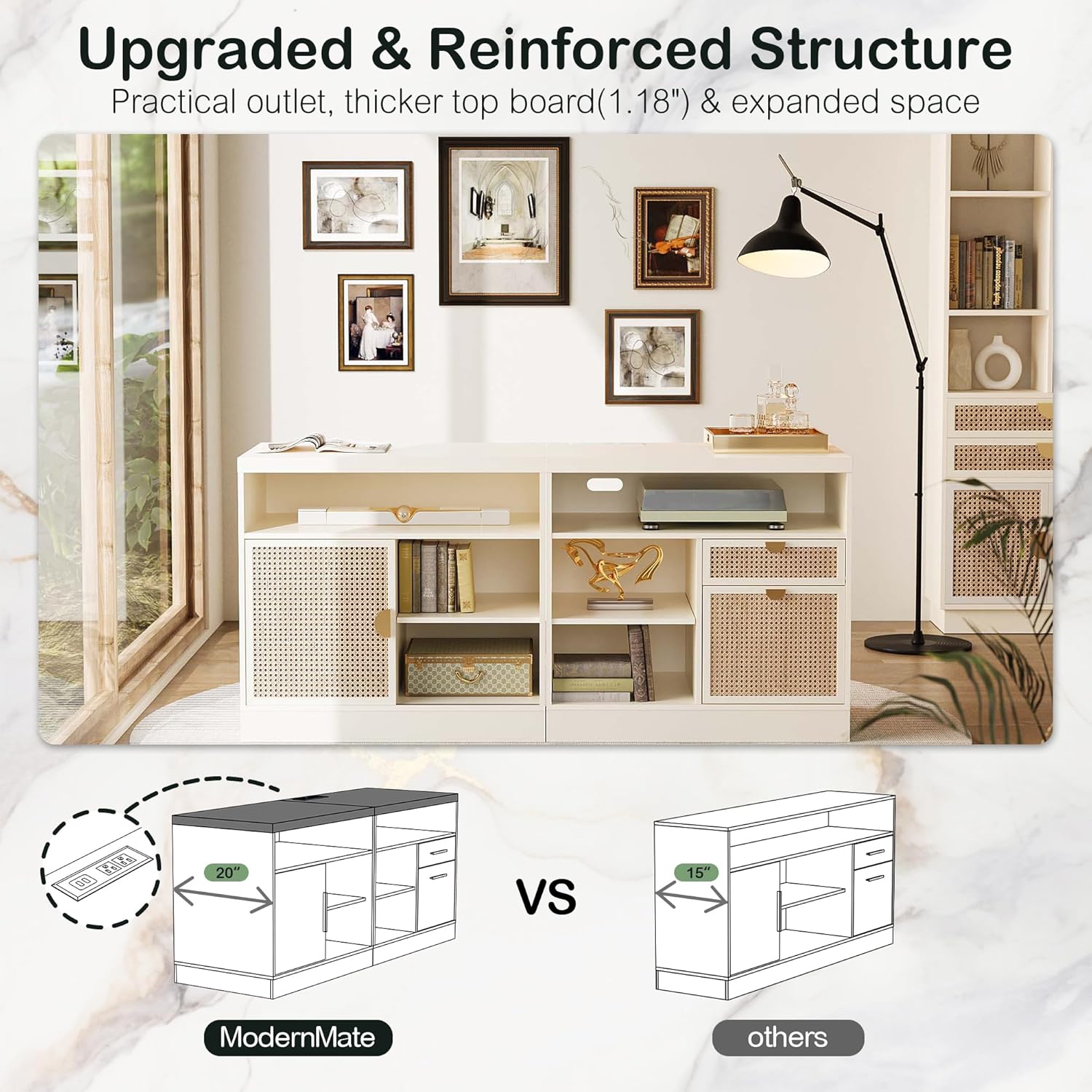 2 Drawer Lateral File Cabinet, 63" Wood Filing Cabinet for Home Office with Lock, Adjustable Storage Shelves, AC/USB, Sliding Door, Wide Office Credenza, Fits Letter/A4 Size, White Rattan